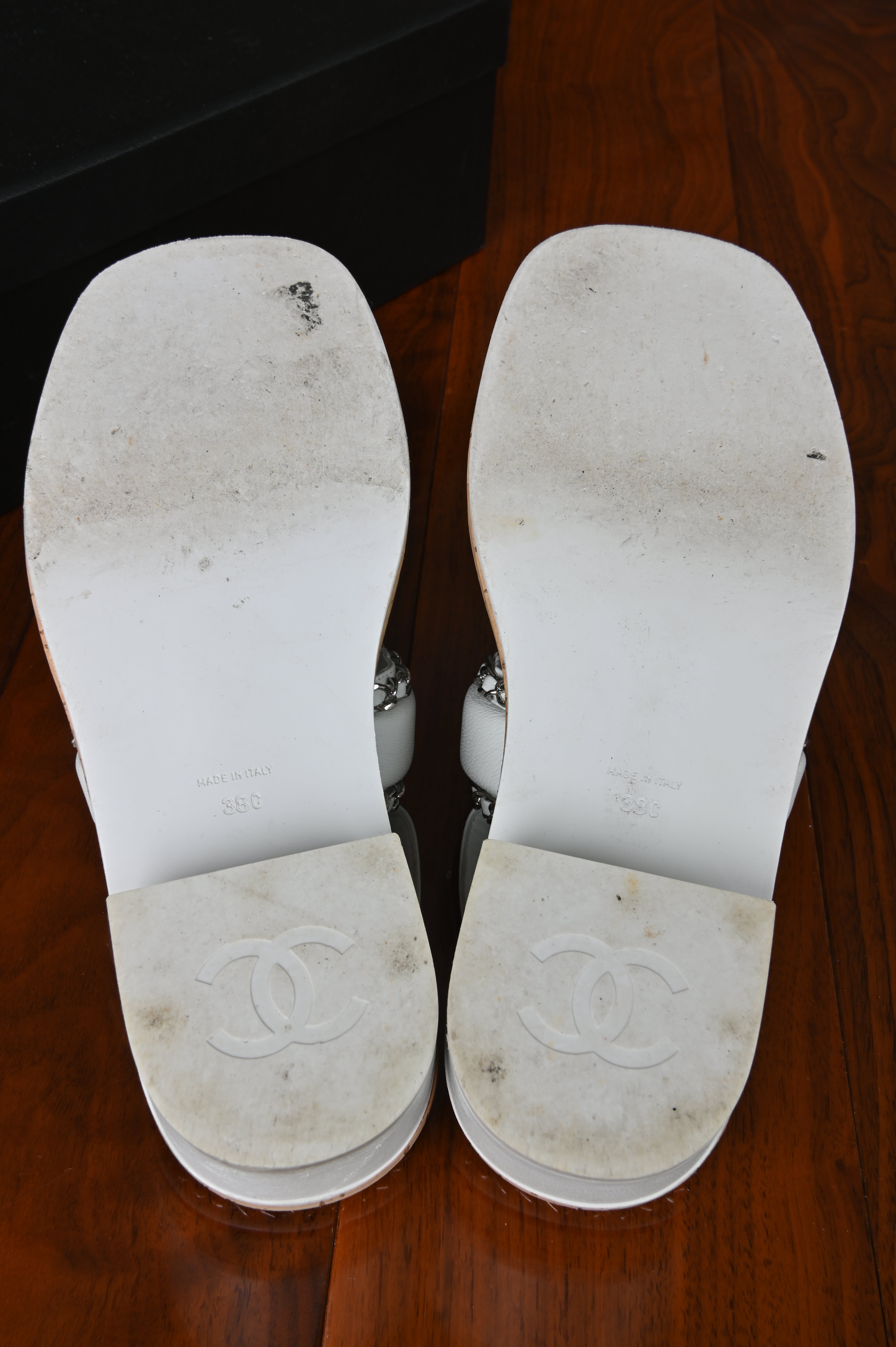 Chanel White Chained Lamb Sandals