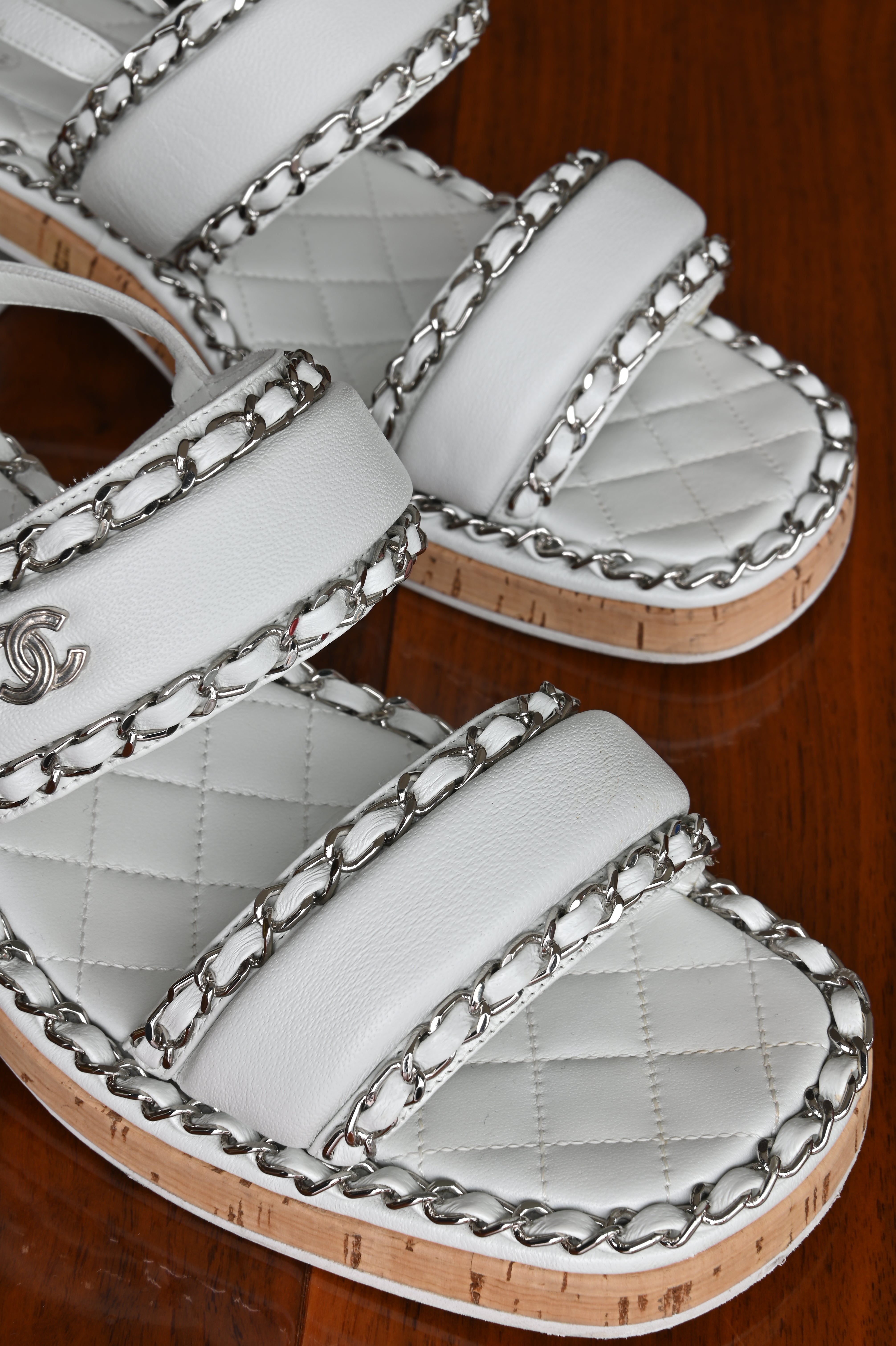 Chanel White Chained Lamb Sandals