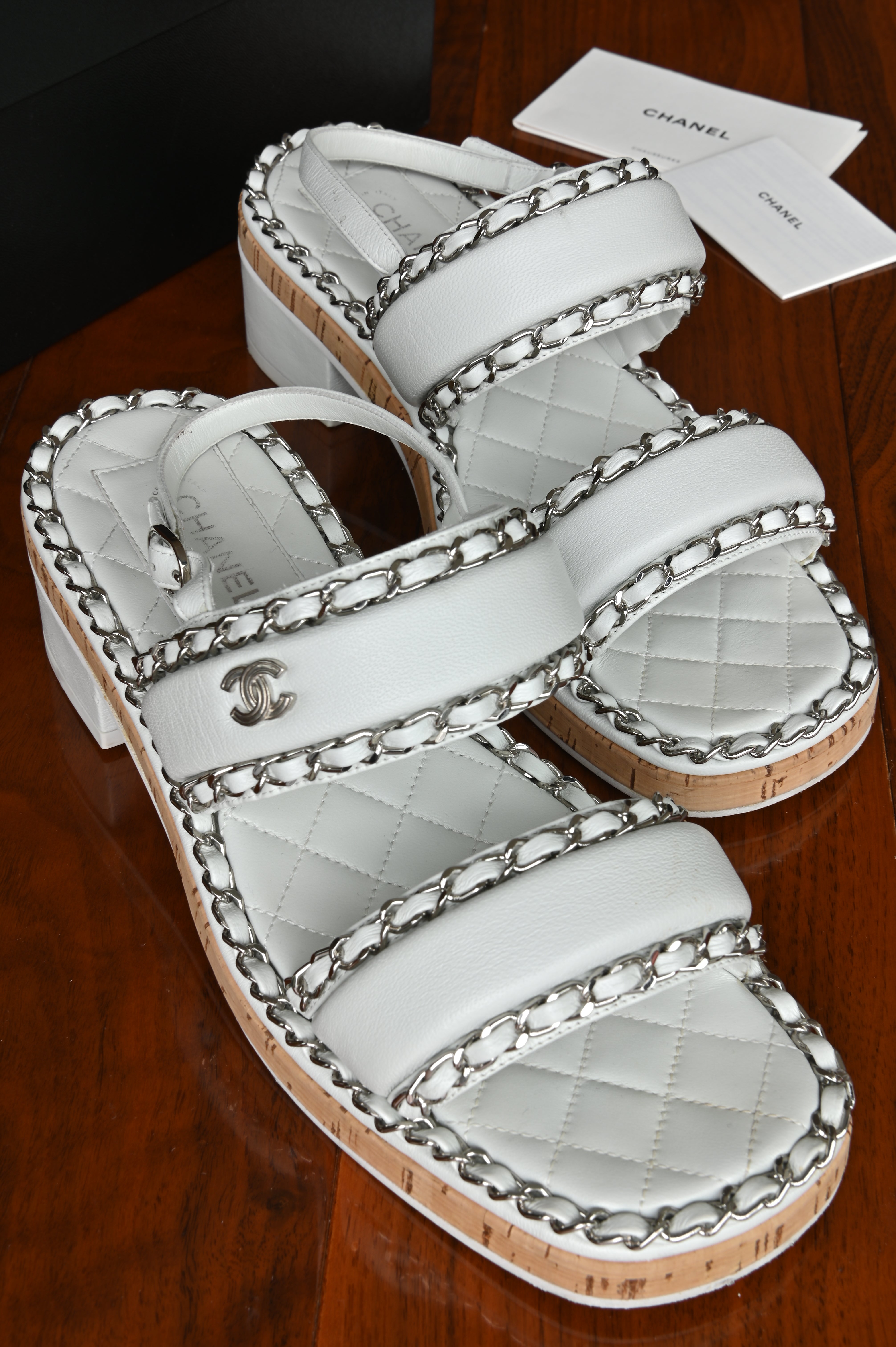 Chanel White Chained Lamb Sandals