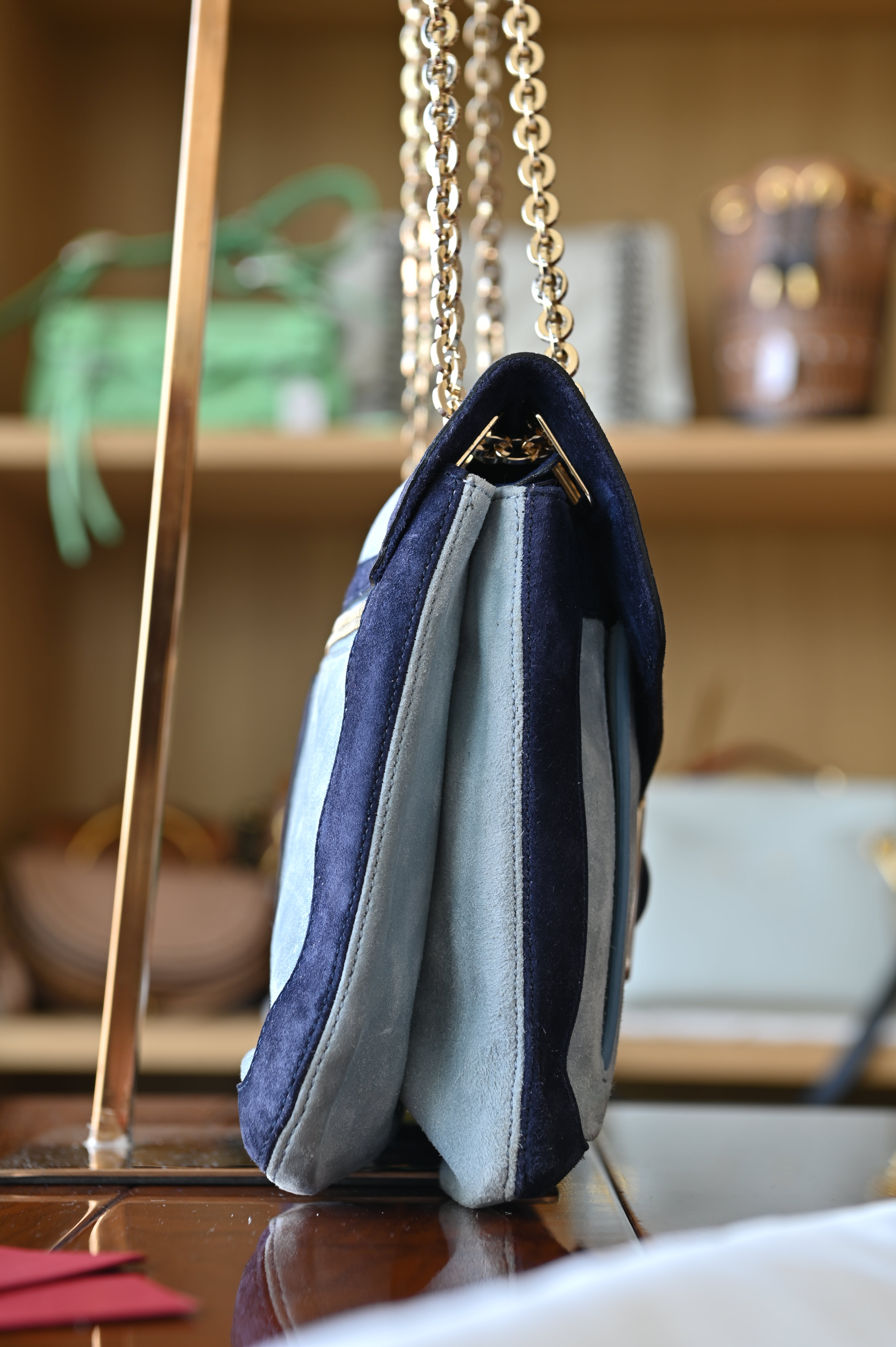 Roger Vivier Blue Suede Gold Buckle Shoulder Bag