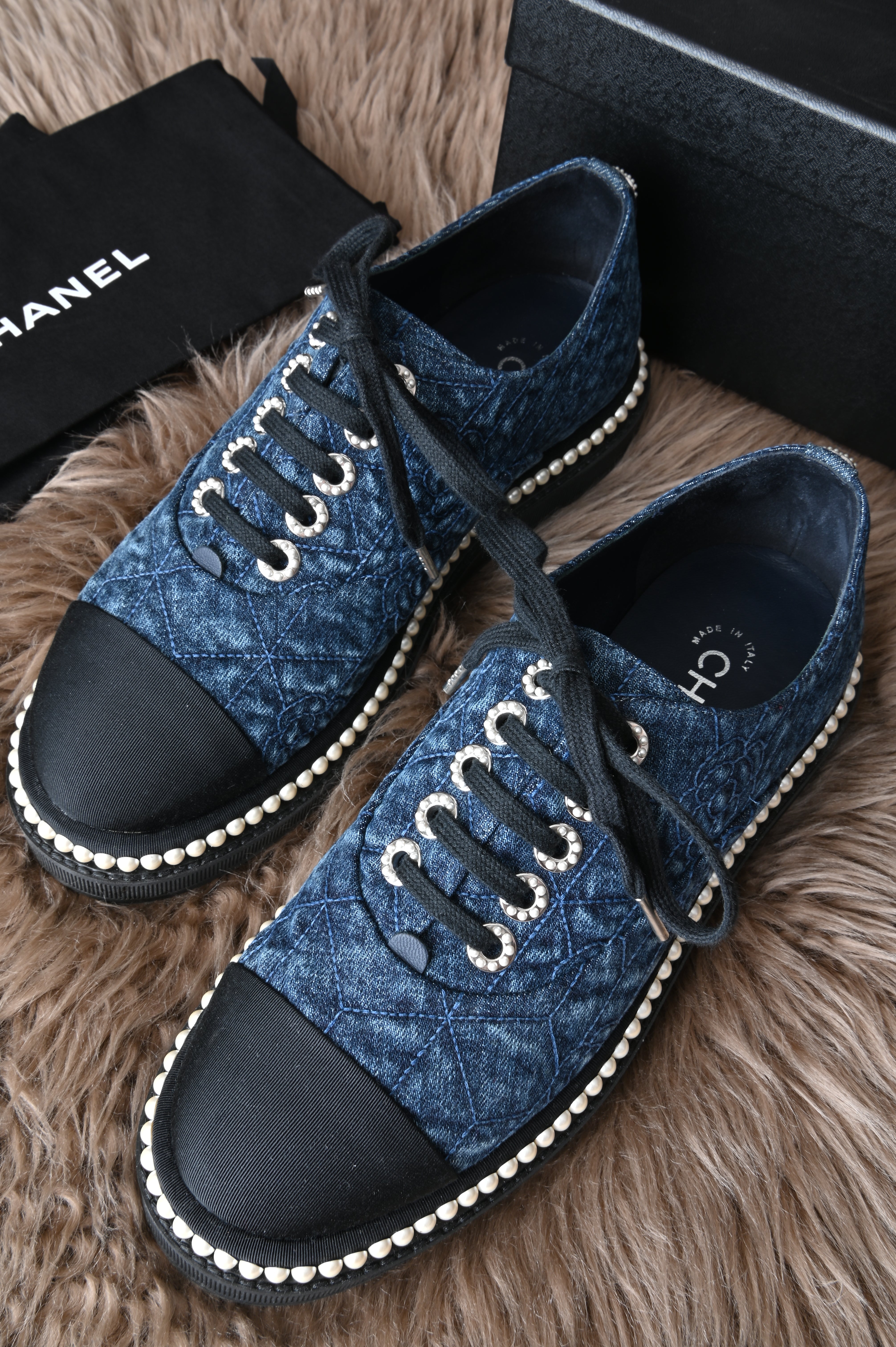Chanel Denim Camellia sneakers in navy Blue with white Pearls