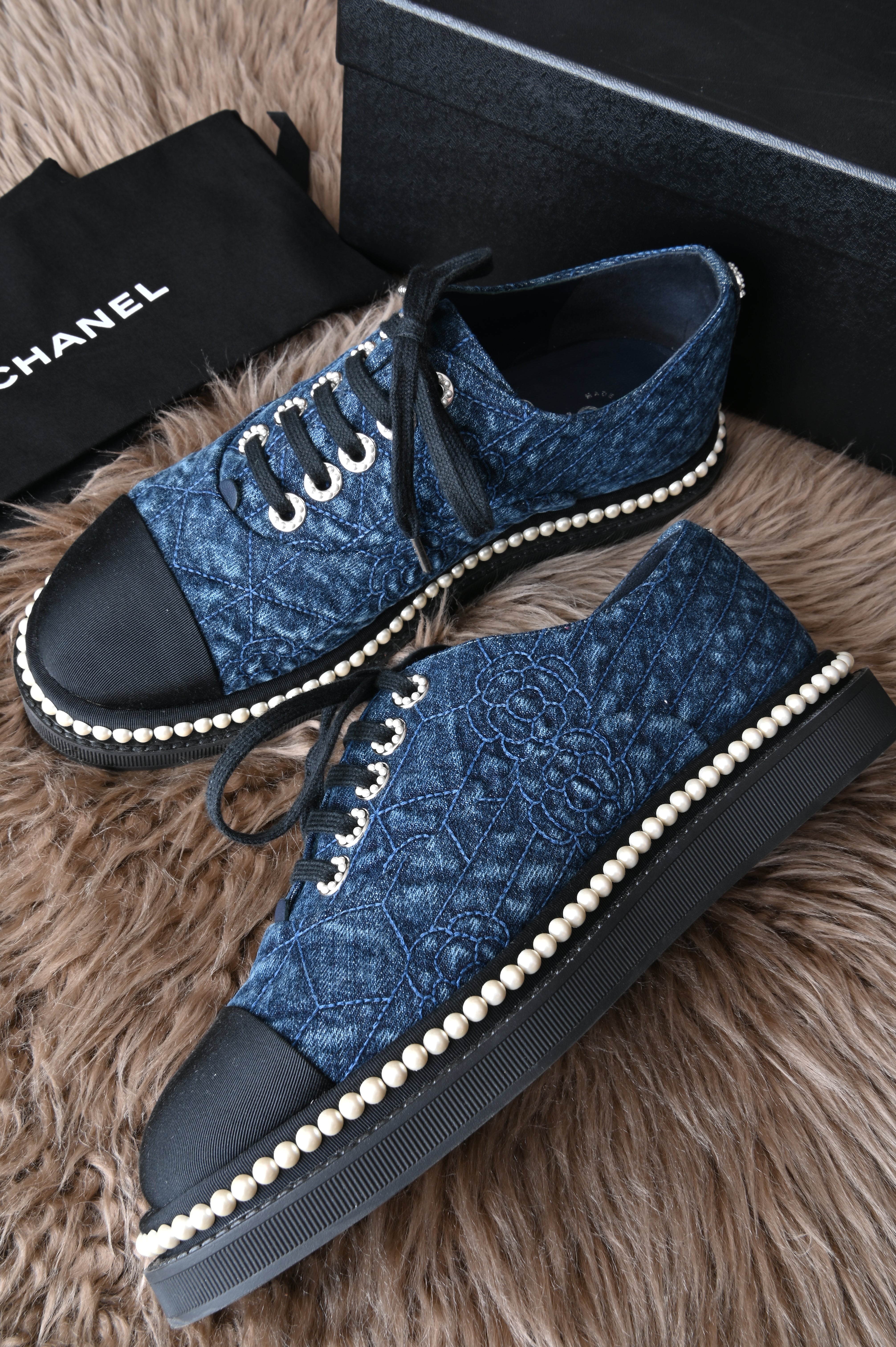 Chanel Denim Camellia sneakers in navy Blue with white Pearls