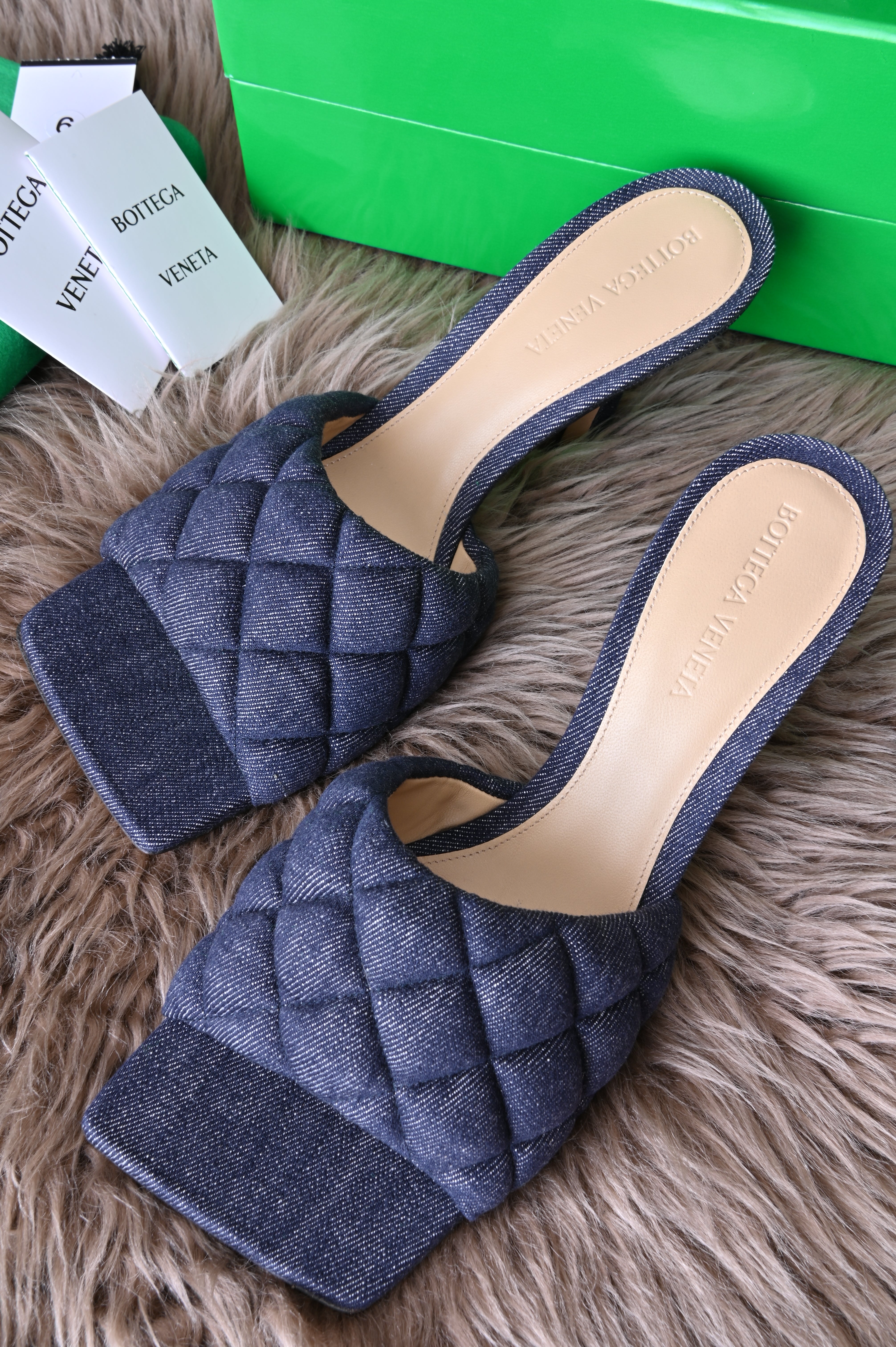 Bottega Veneta Padded Sandals in Denim Matelasse Indigo