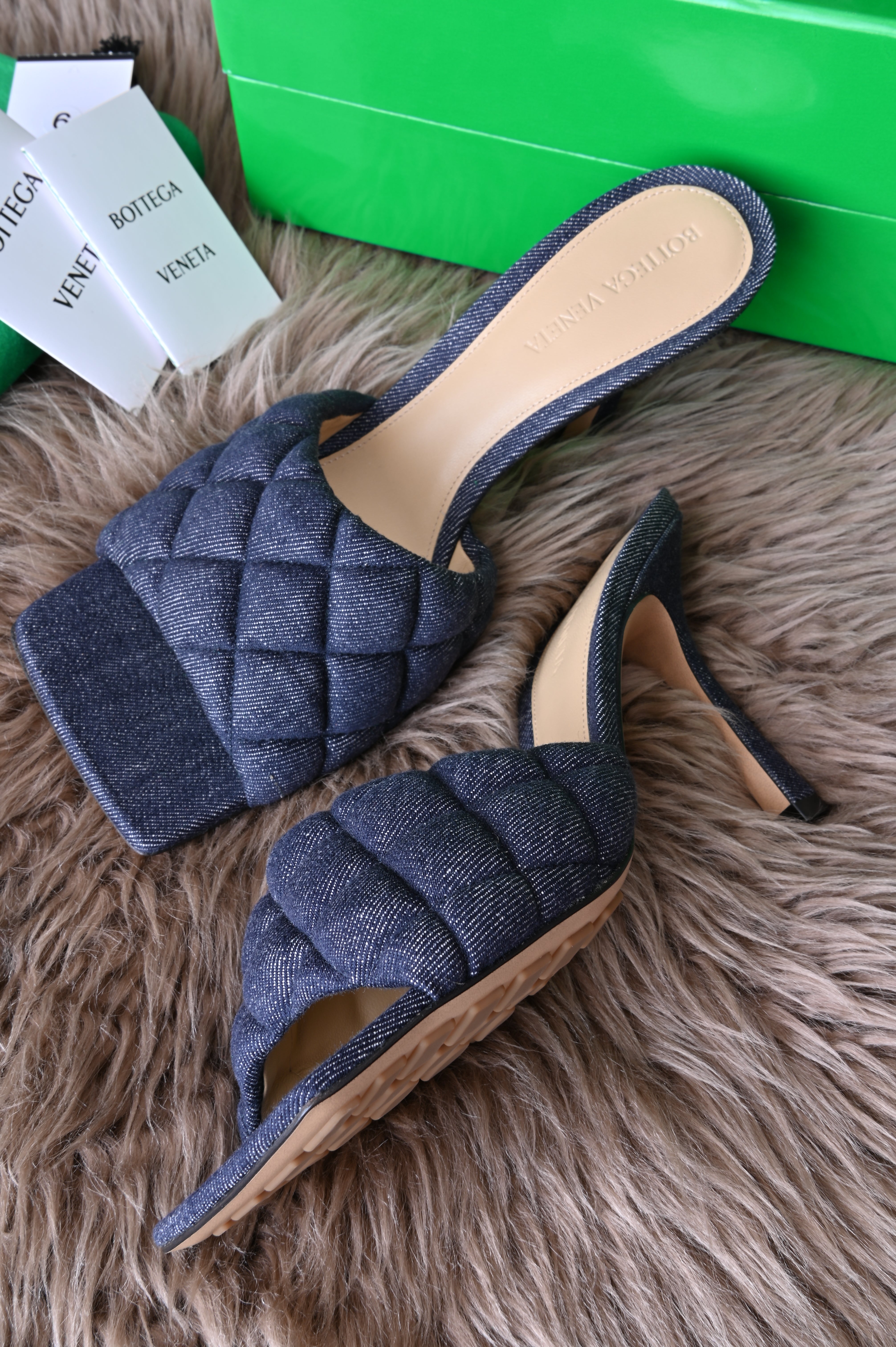 Bottega Veneta Padded Sandals in Denim Matelasse Indigo