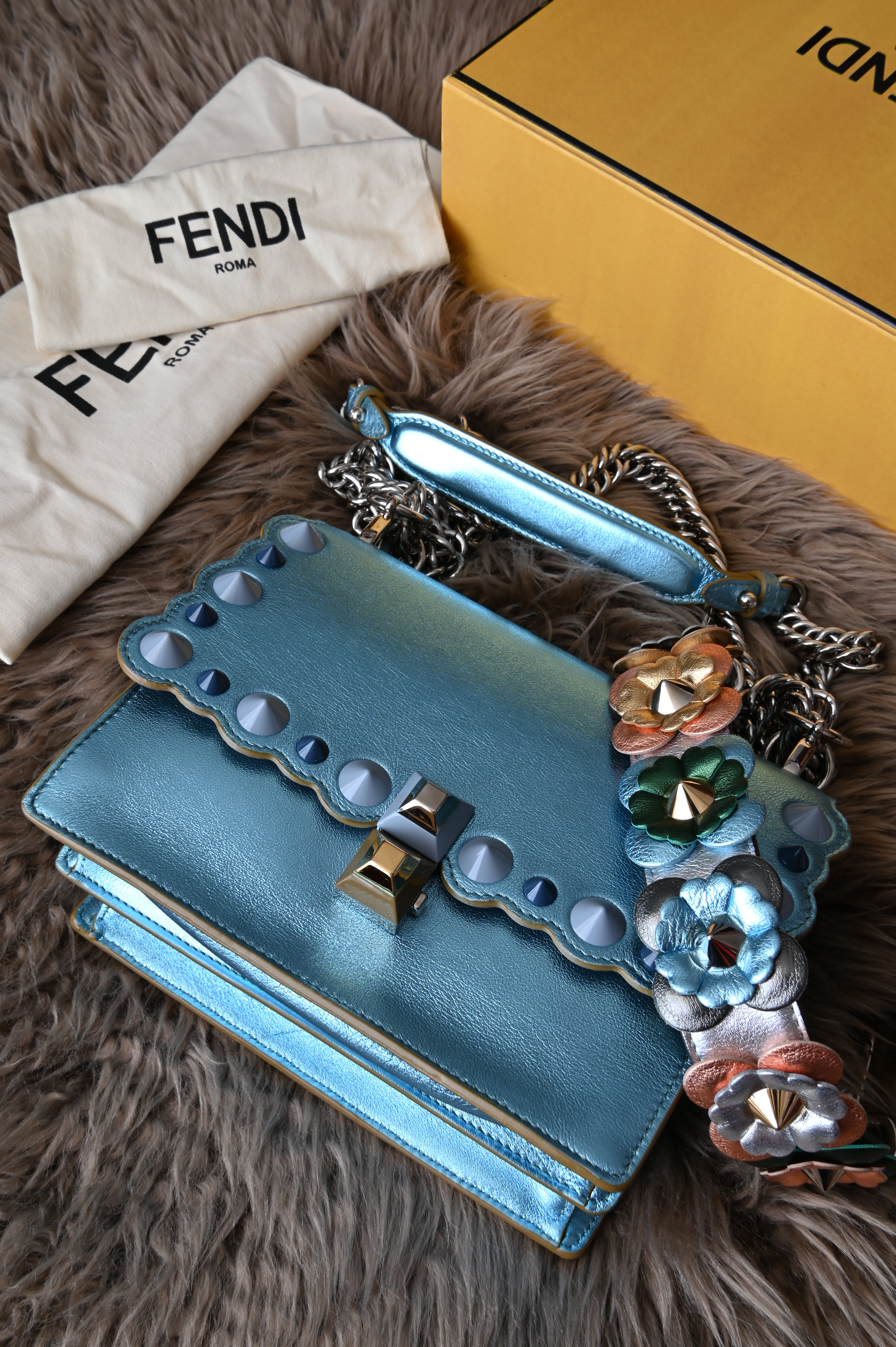 Fendi Kan I iridescent blue with floral strap