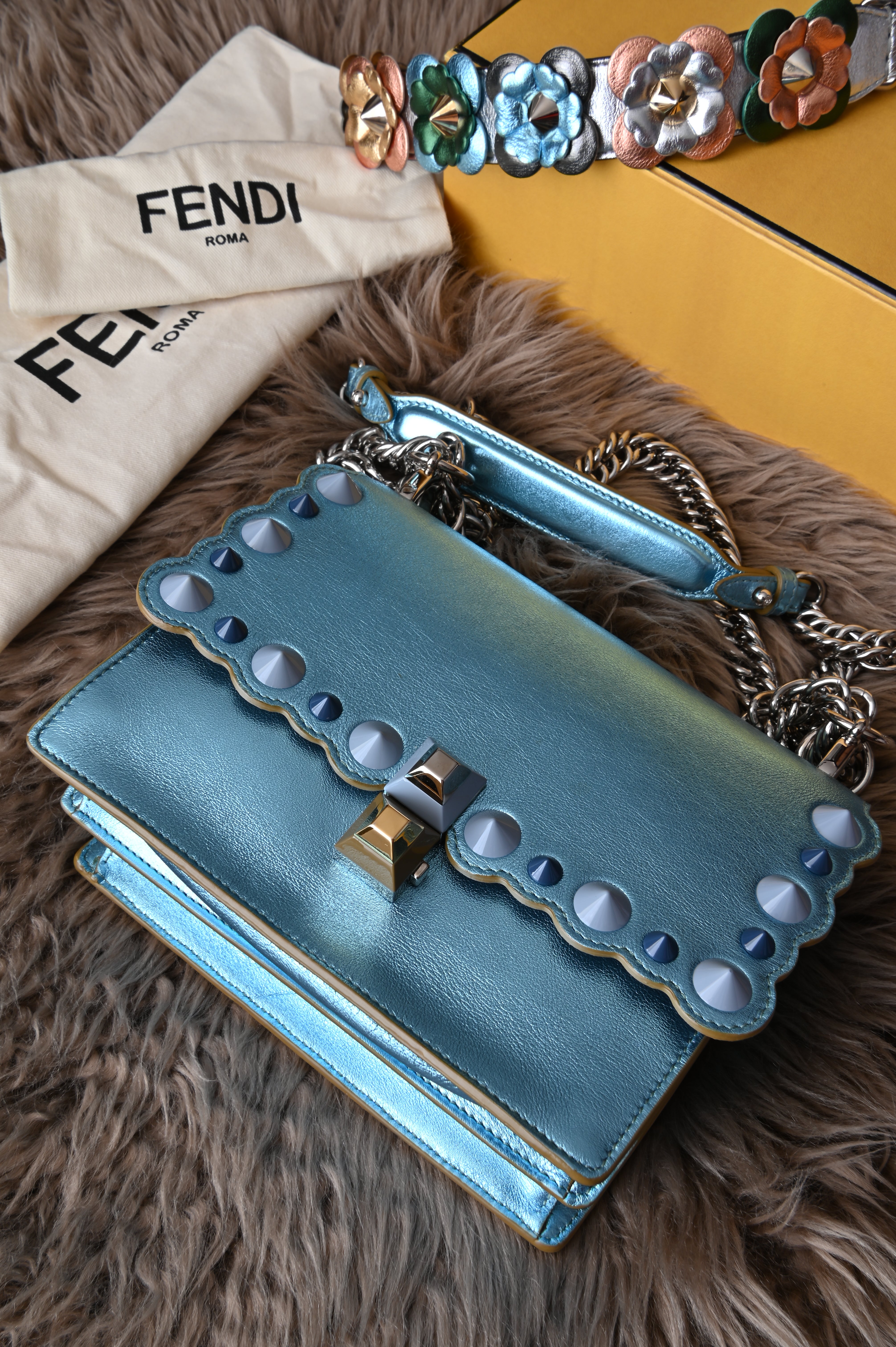 Fendi Kan I iridescent blue with floral strap