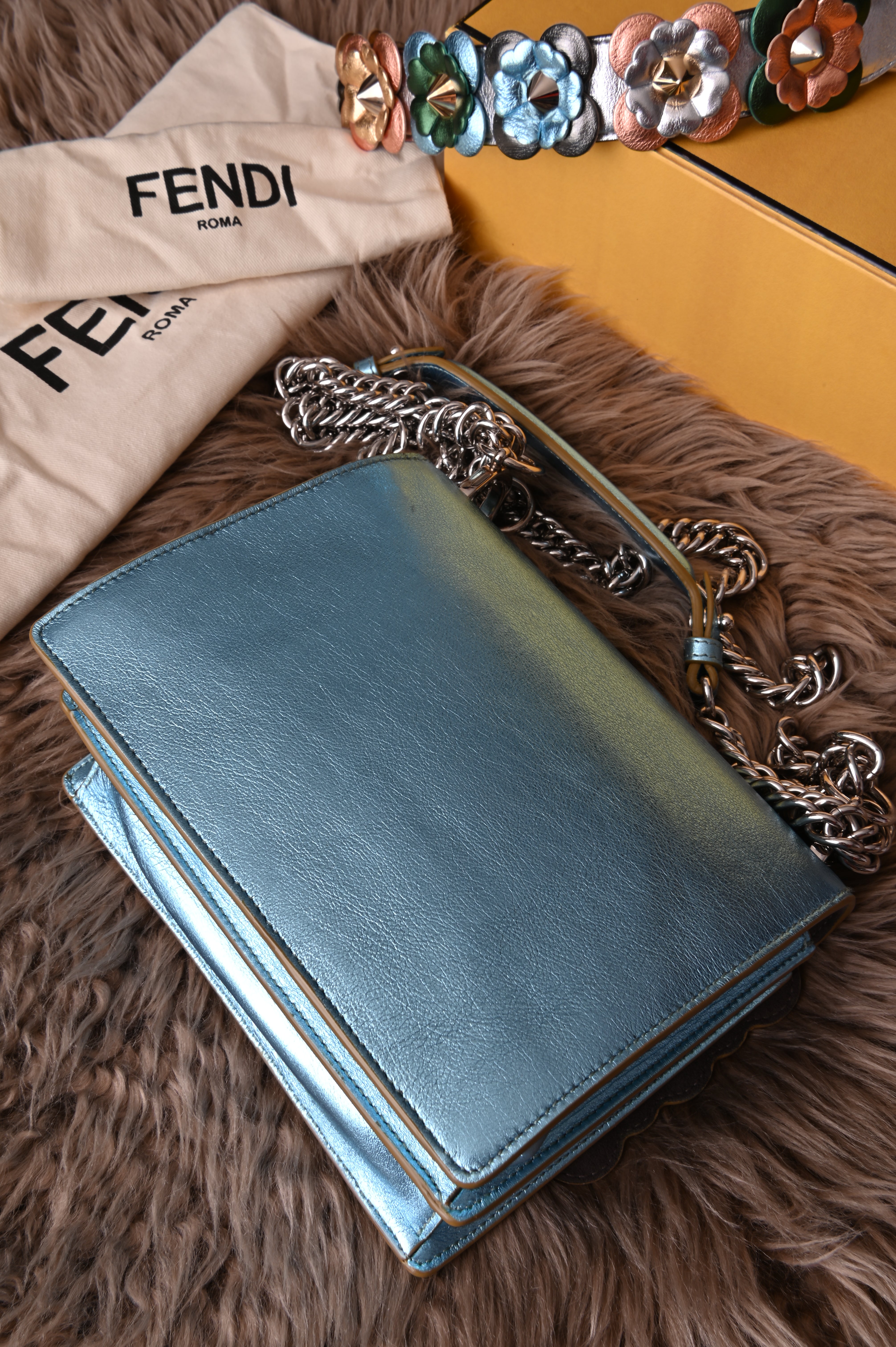 Fendi Kan I iridescent blue with floral strap