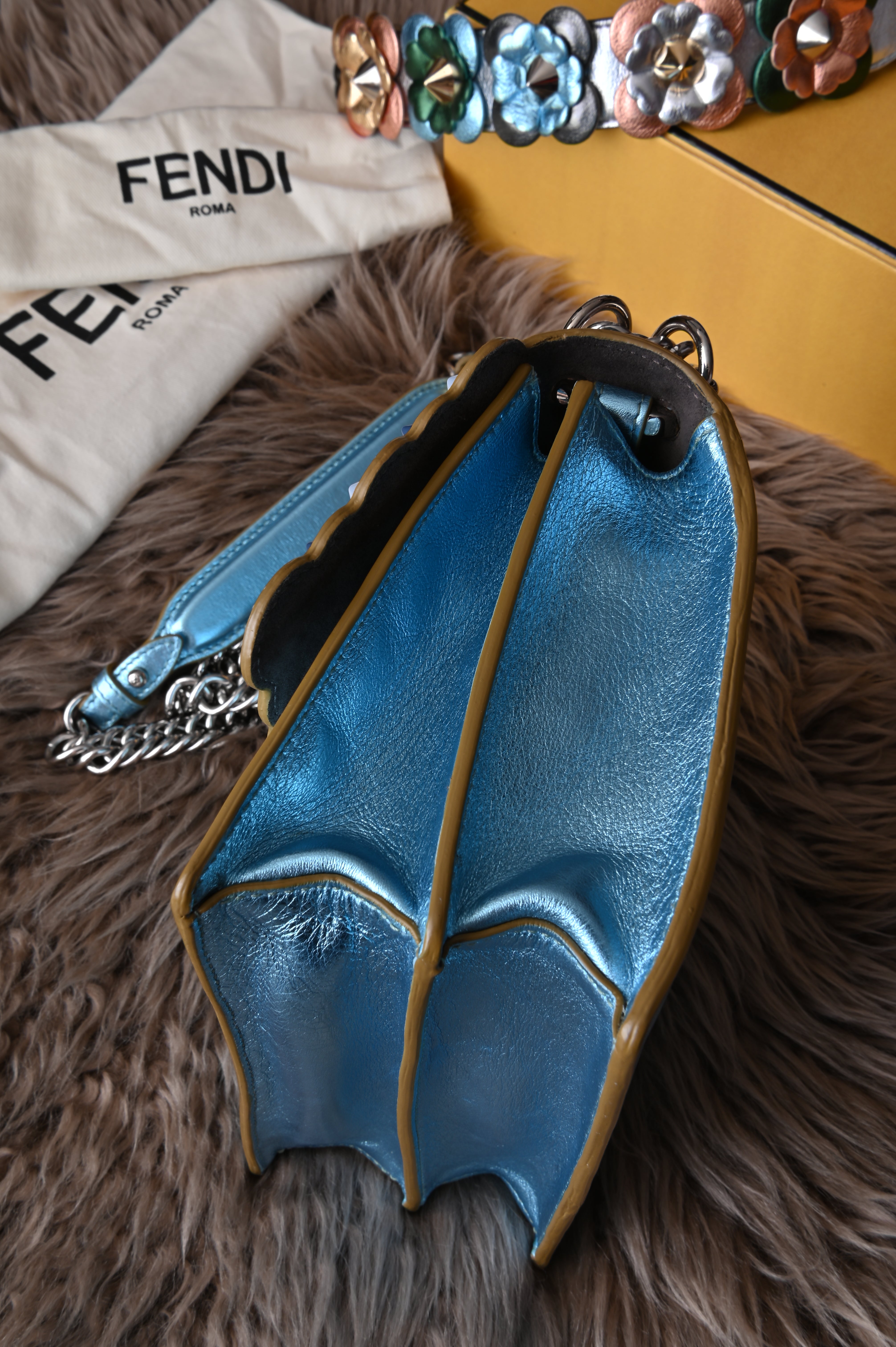 Fendi Kan I iridescent blue with floral strap