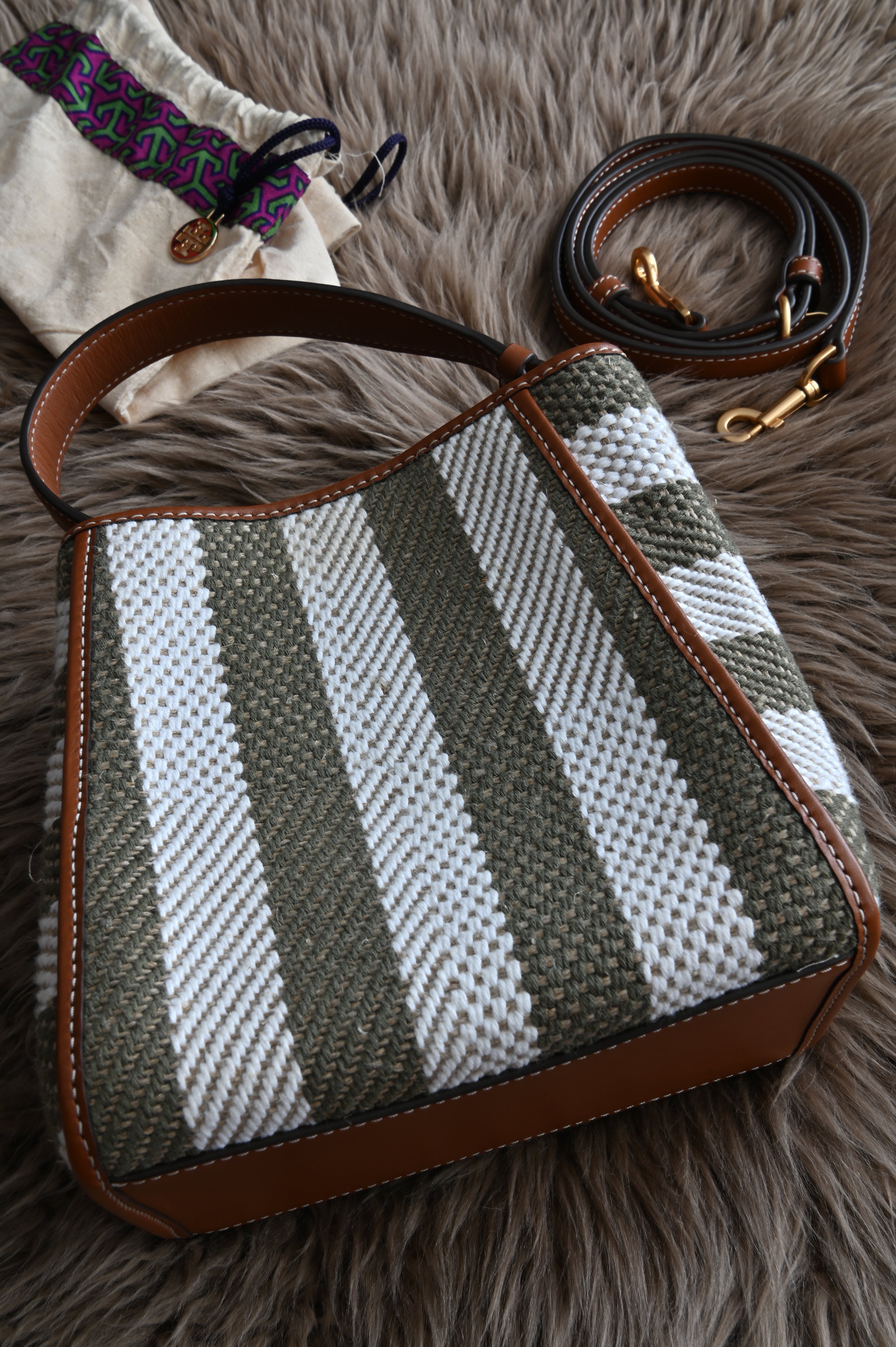 Tory Burch small bucket bag in canvas with olive green and white stripe