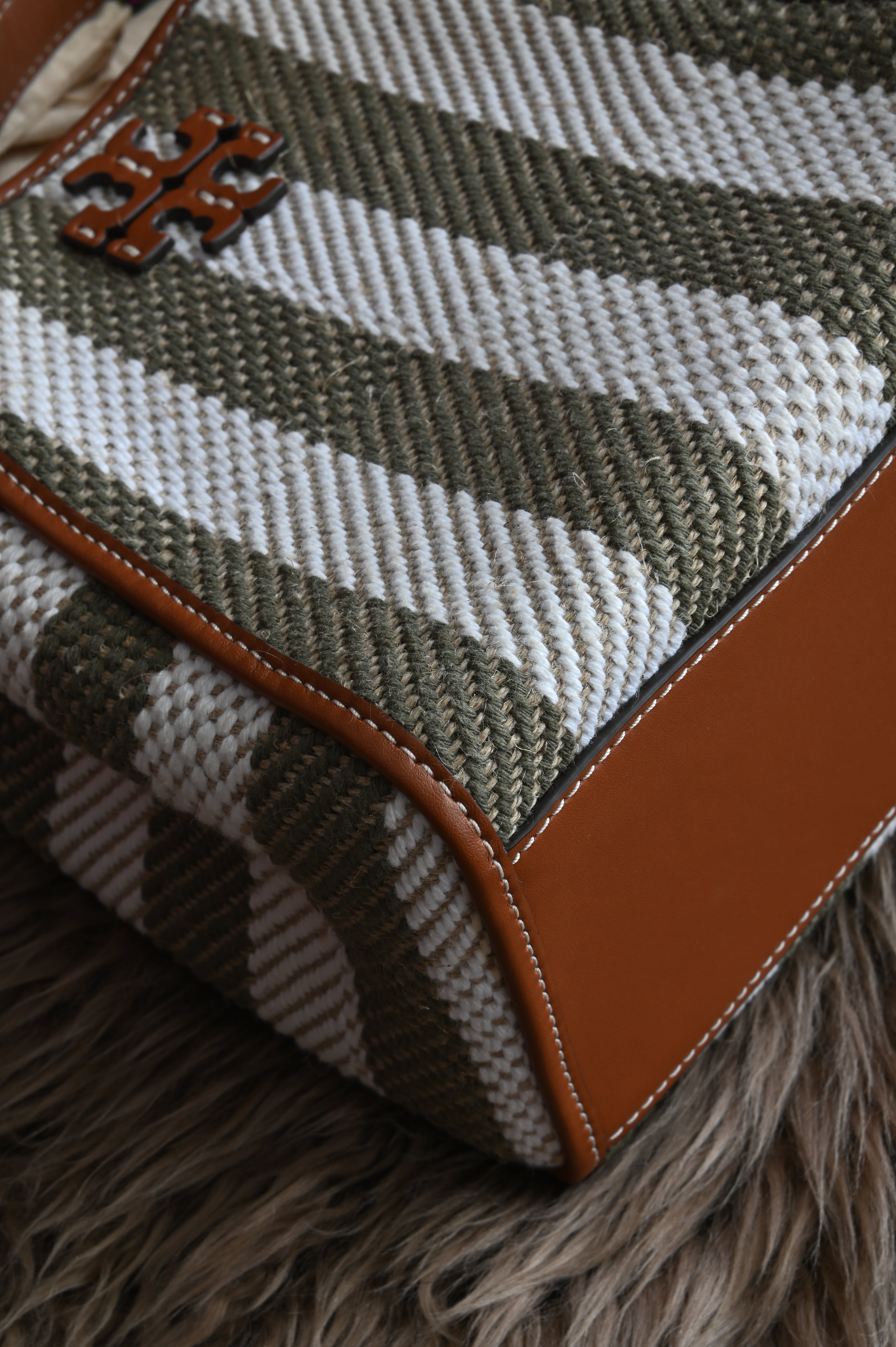 Tory Burch small bucket bag in canvas with olive green and white stripe