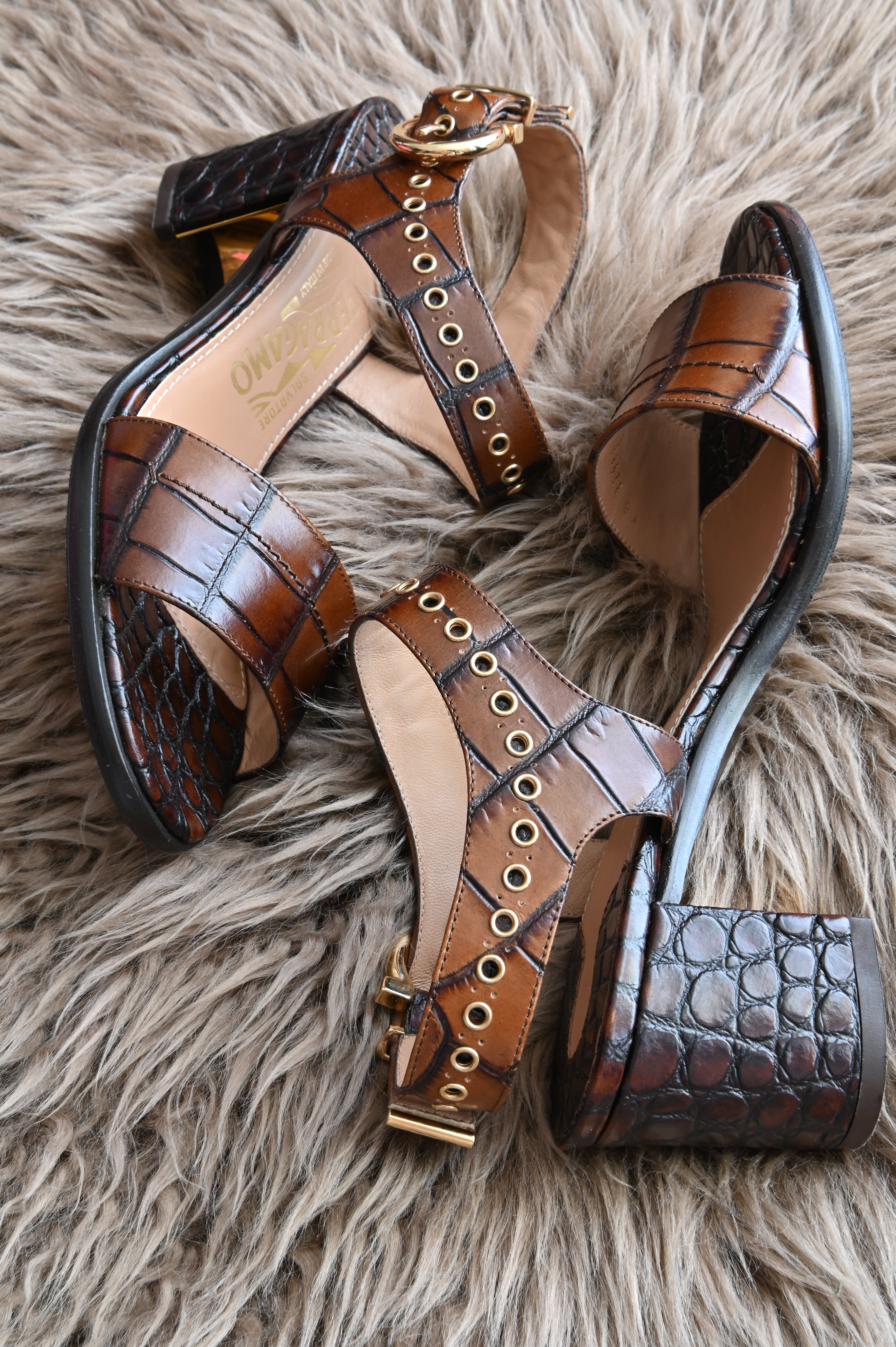 Salvatore Ferragamo Tan croc embossed slingback in gold hardware