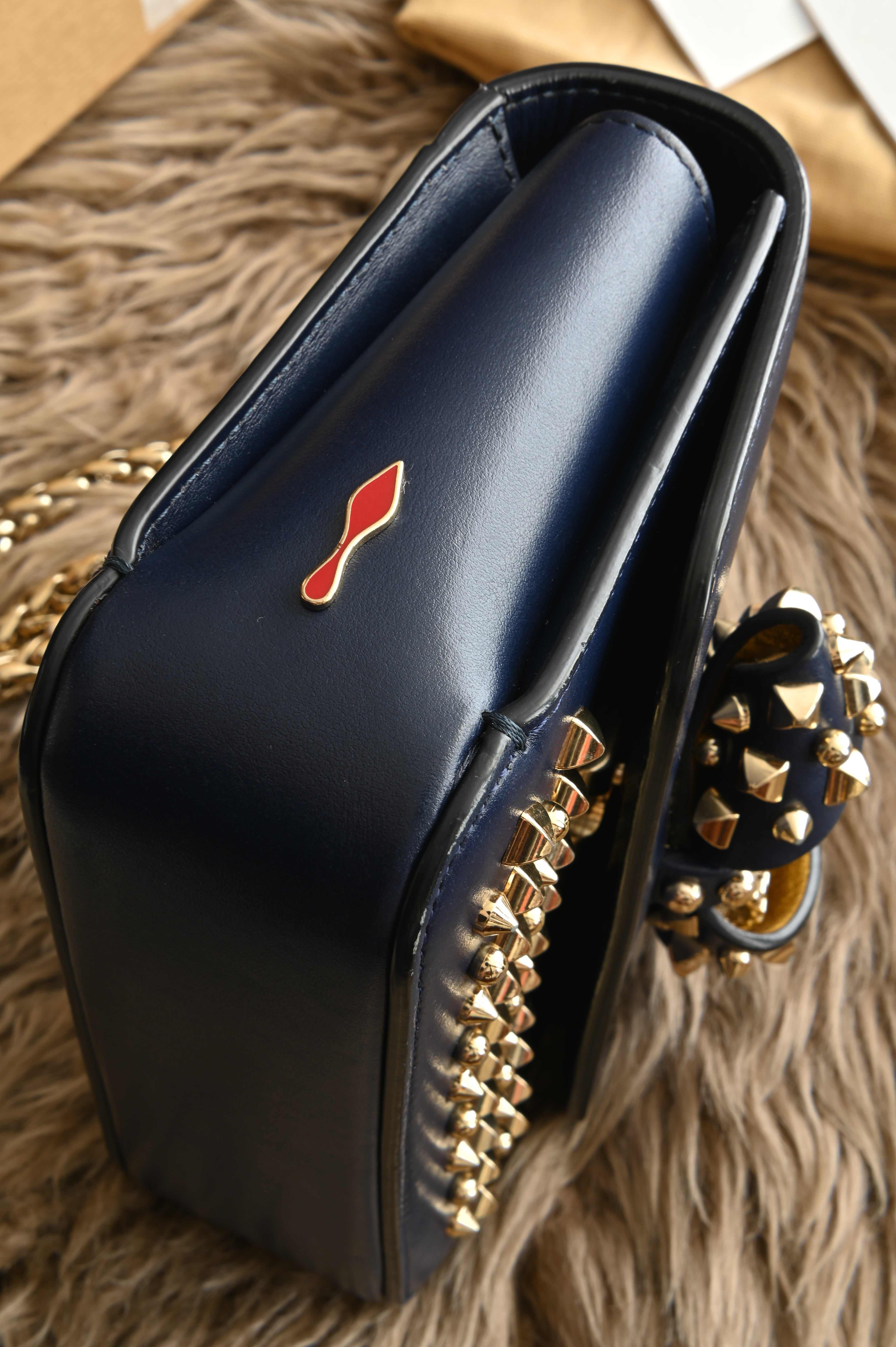 Christian Louboutin Night/Gold Tudor Calf Spikes Small Sweet Charity Bag