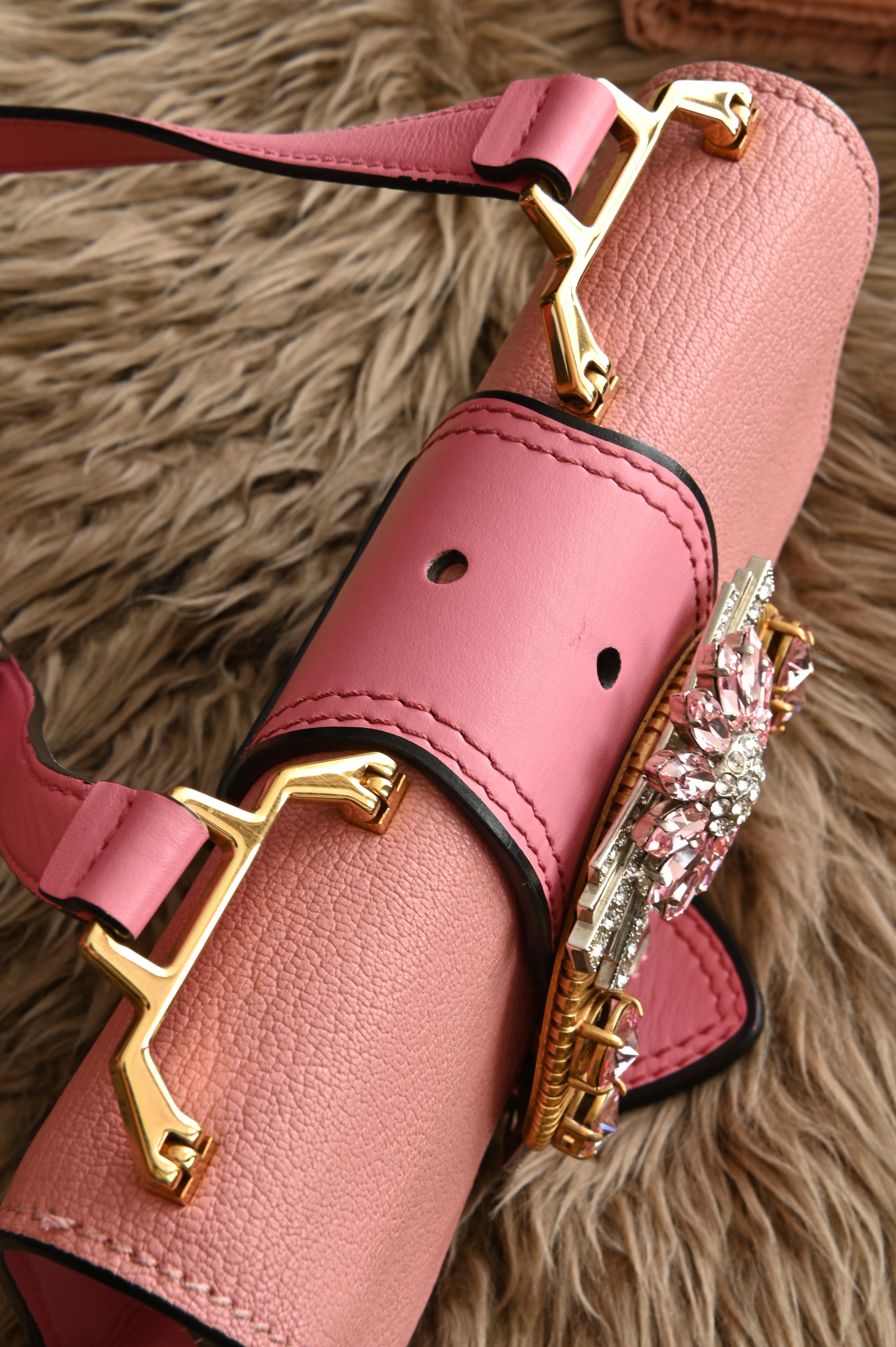 Miu Miu Pink Crystal Embellished Madras Shoulder Bag