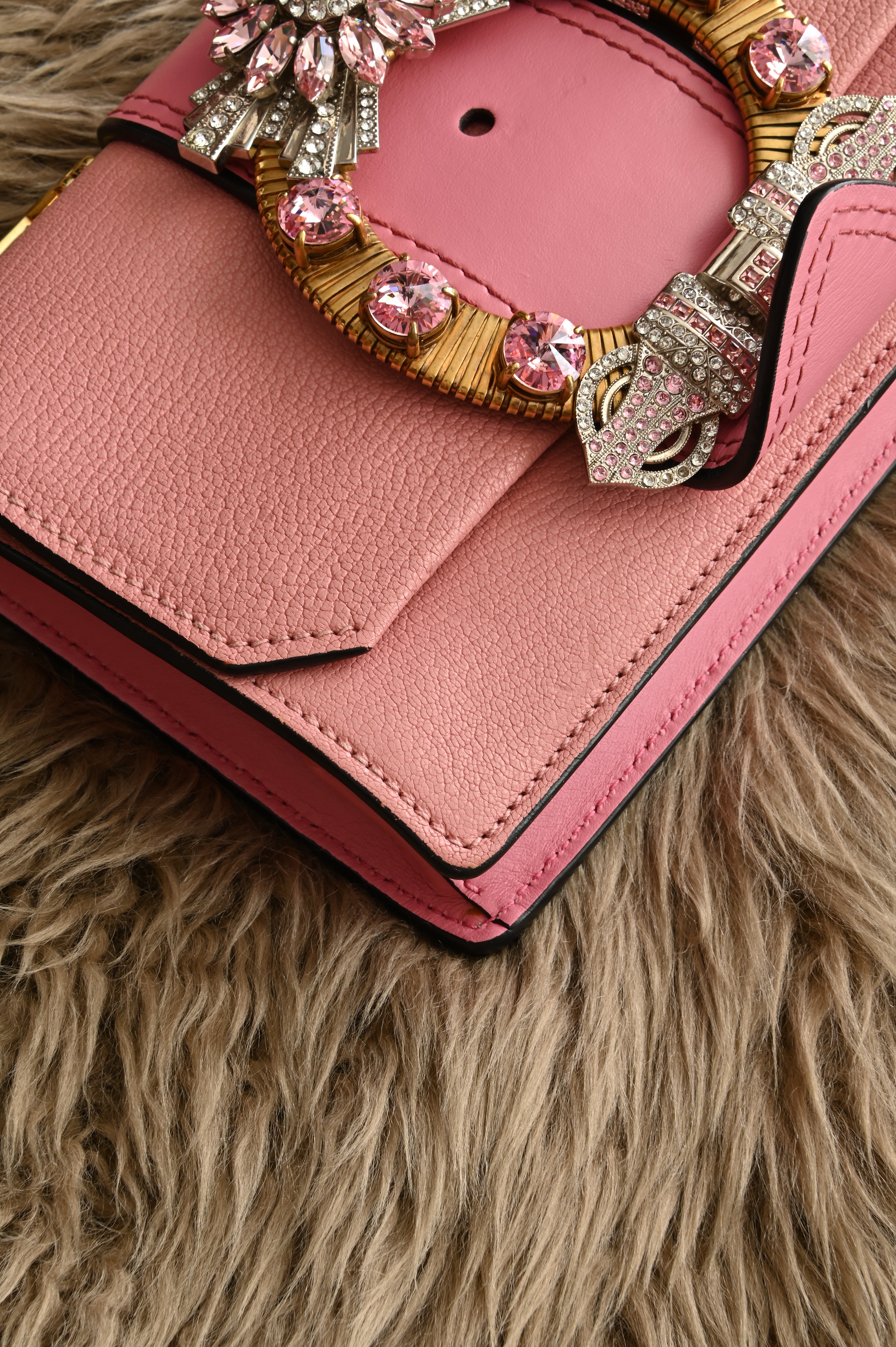 Miu Miu Pink Crystal Embellished Madras Shoulder Bag