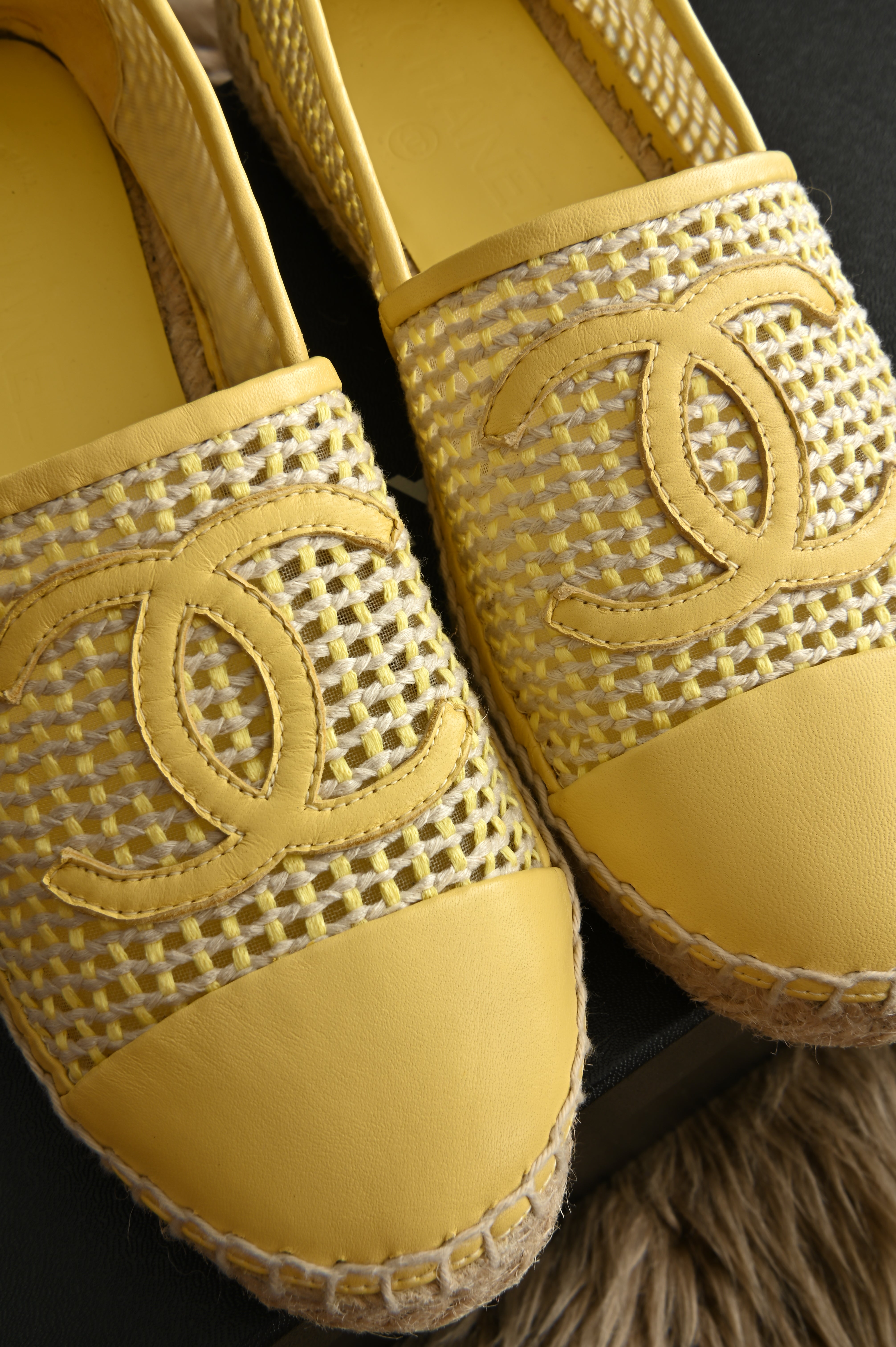 Chanel Yellow Baige Canvas Slip-ons Espadrills
