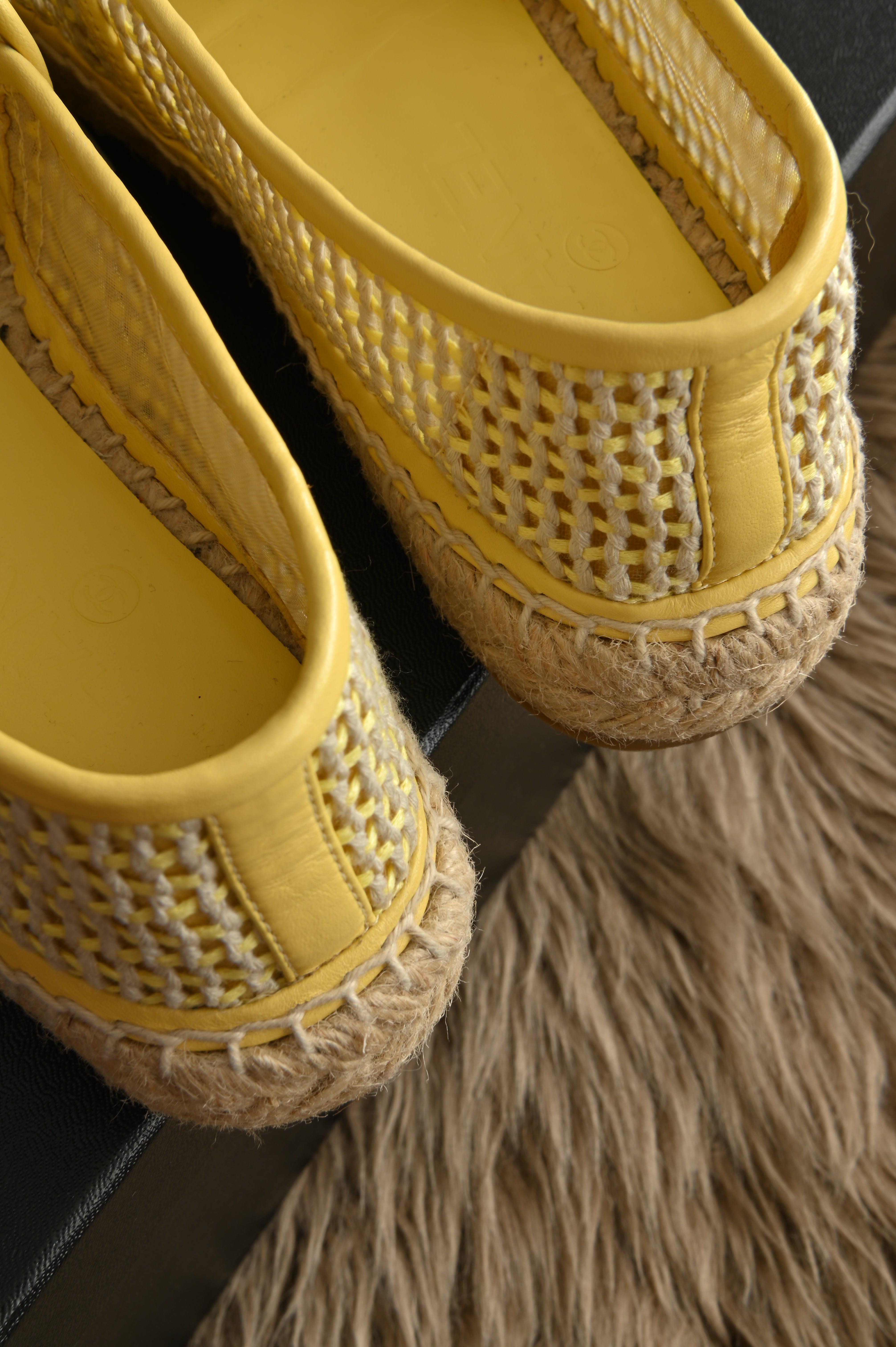 Chanel Yellow Baige Canvas Slip-ons Espadrills