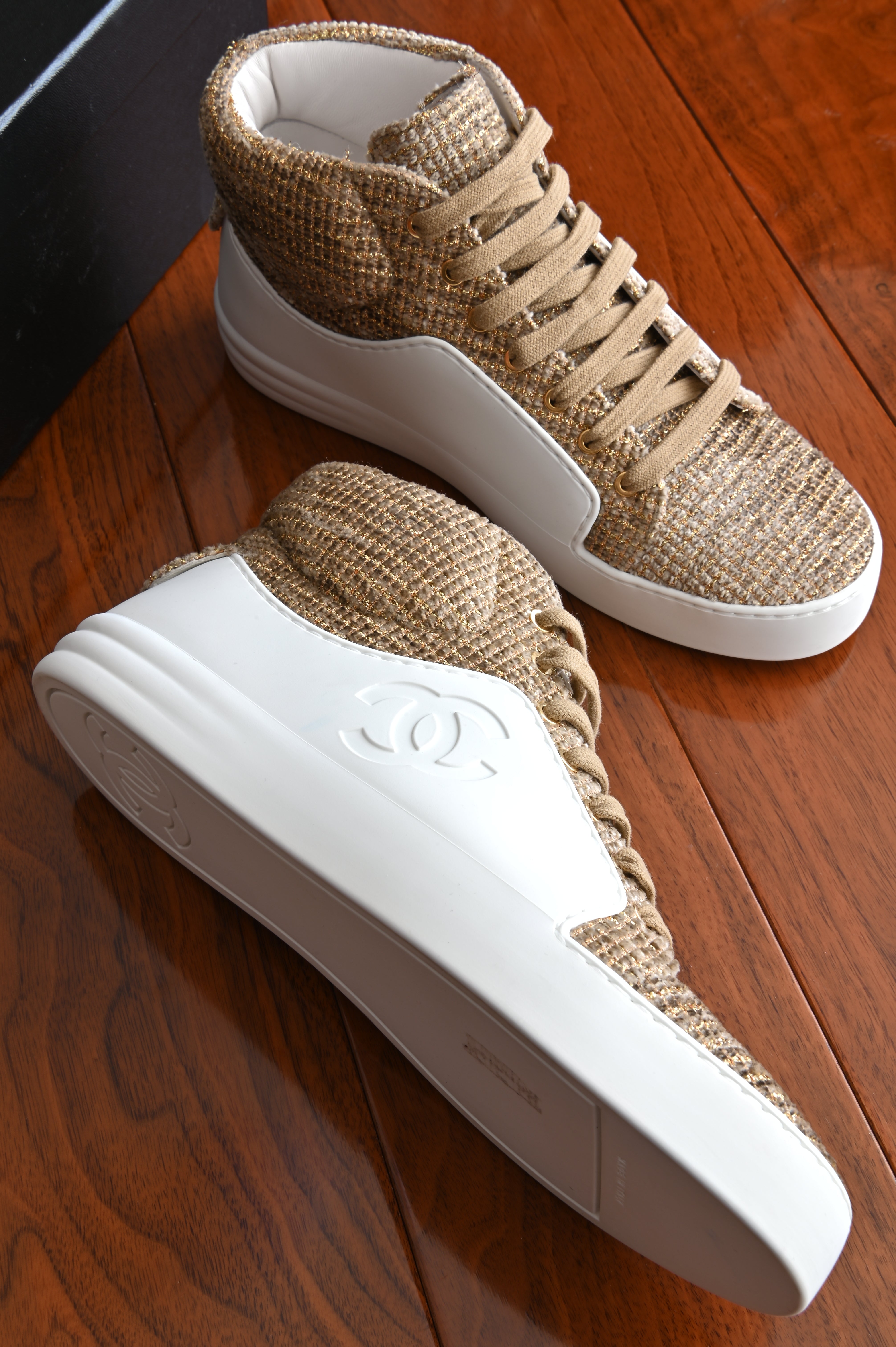 Chanel Yellow Tweed High-Top Sneakers