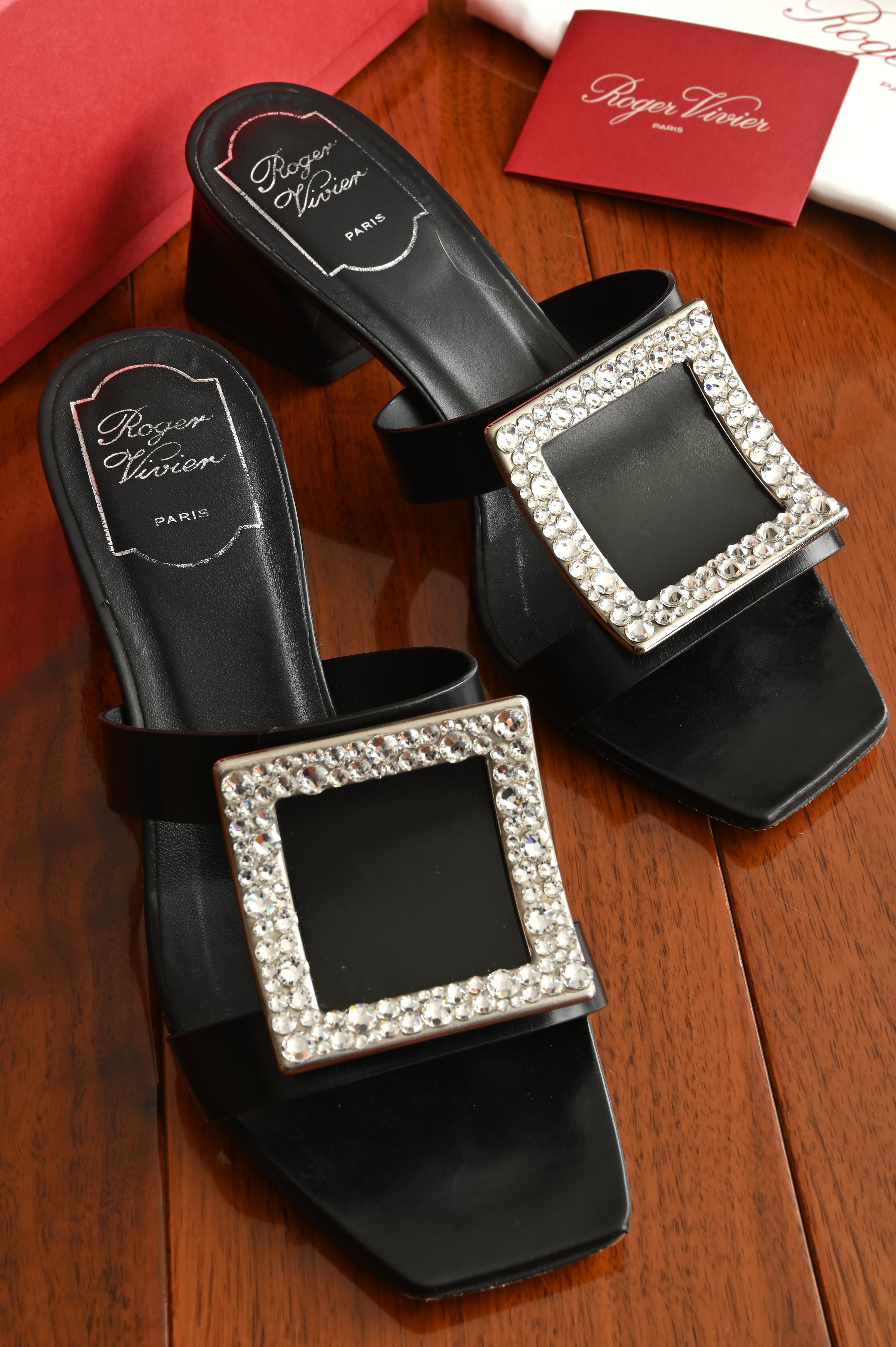 Roger Vivier Bikiviv' Strass Mules with Slanted low-block heel and Crystal-embellished Buckles