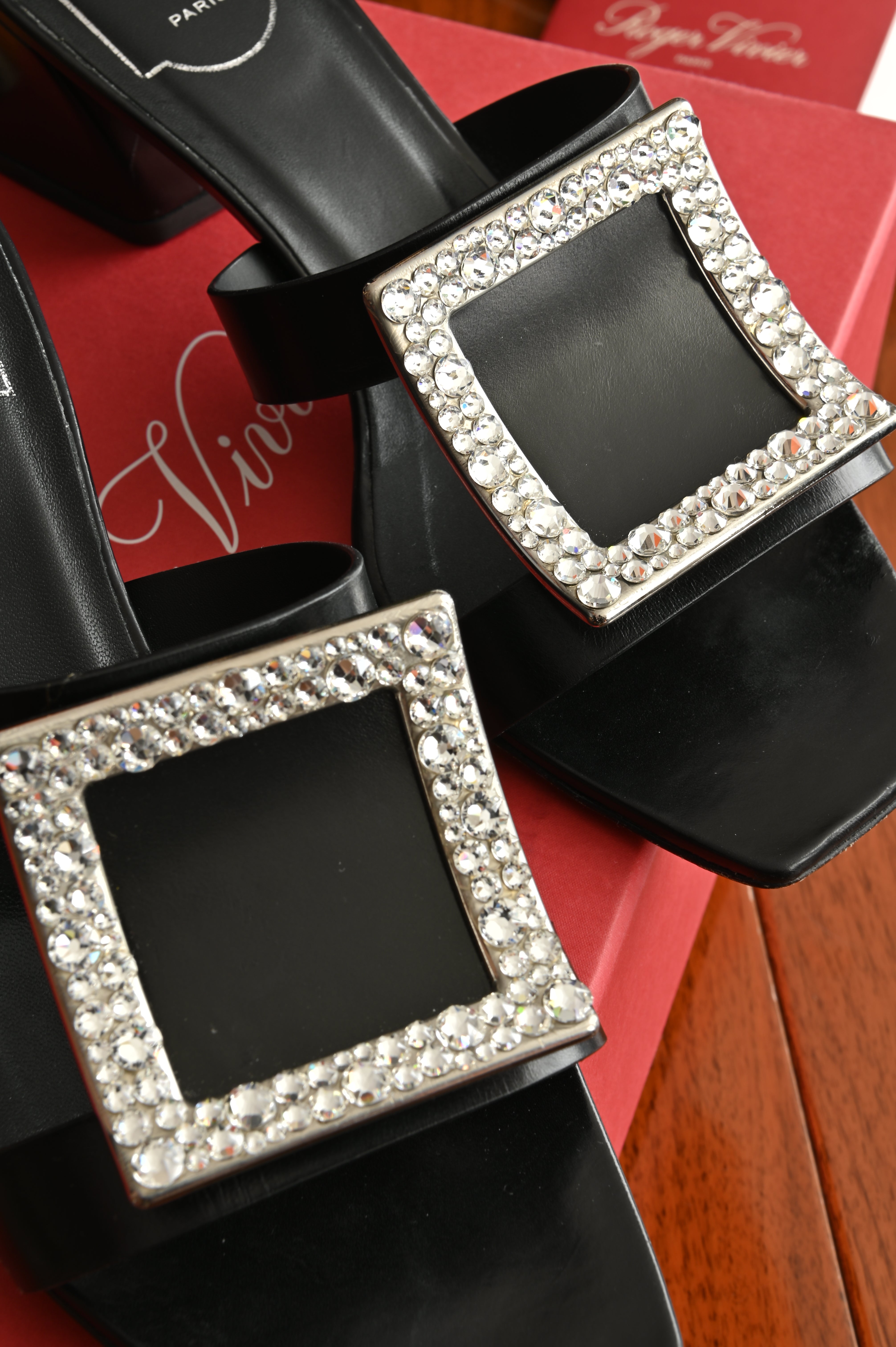 Roger Vivier Bikiviv' Strass Mules with Slanted low-block heel and Crystal-embellished Buckles