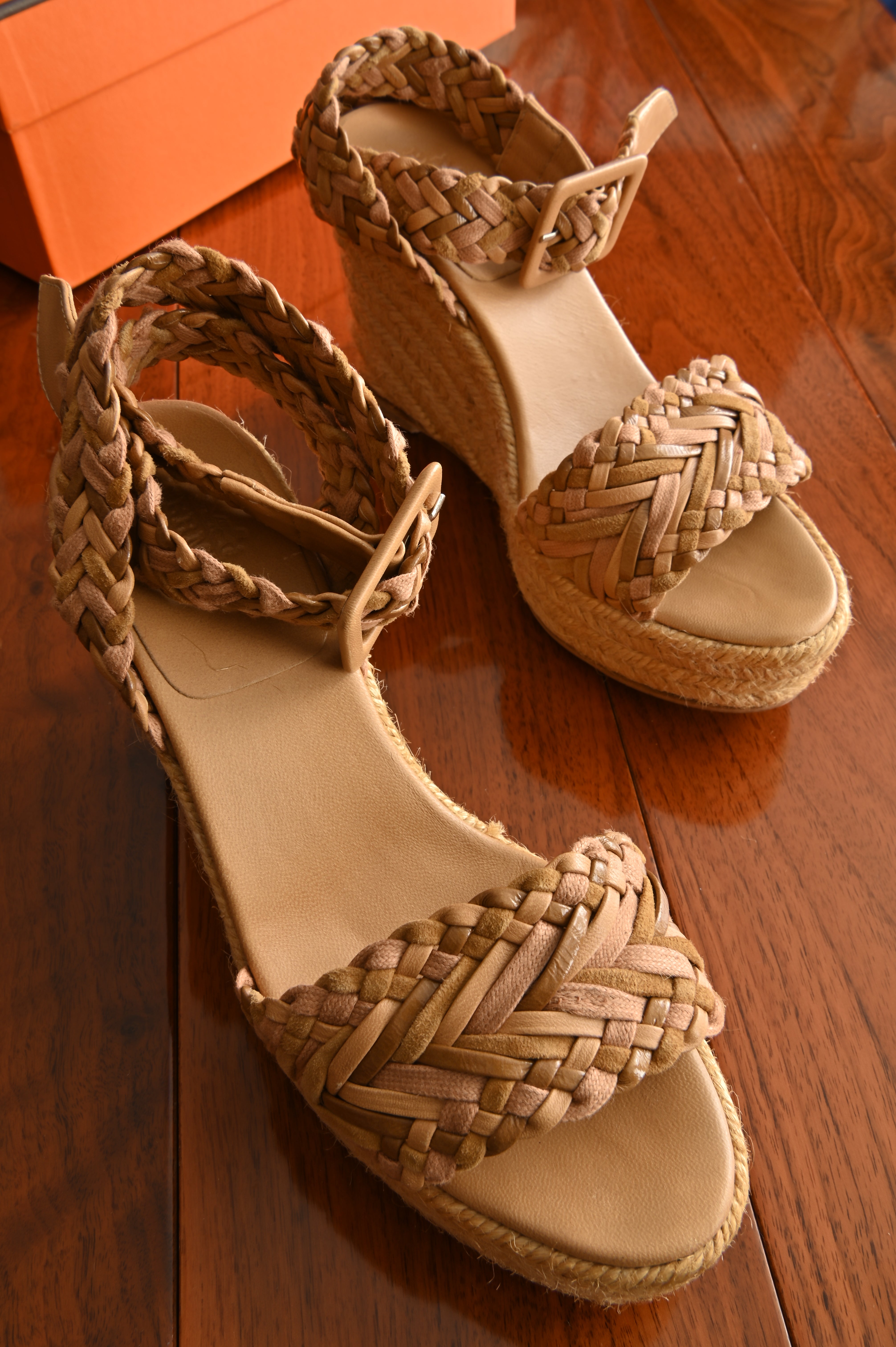 Hermès Beige Leather Espadrille Wedge Sandals