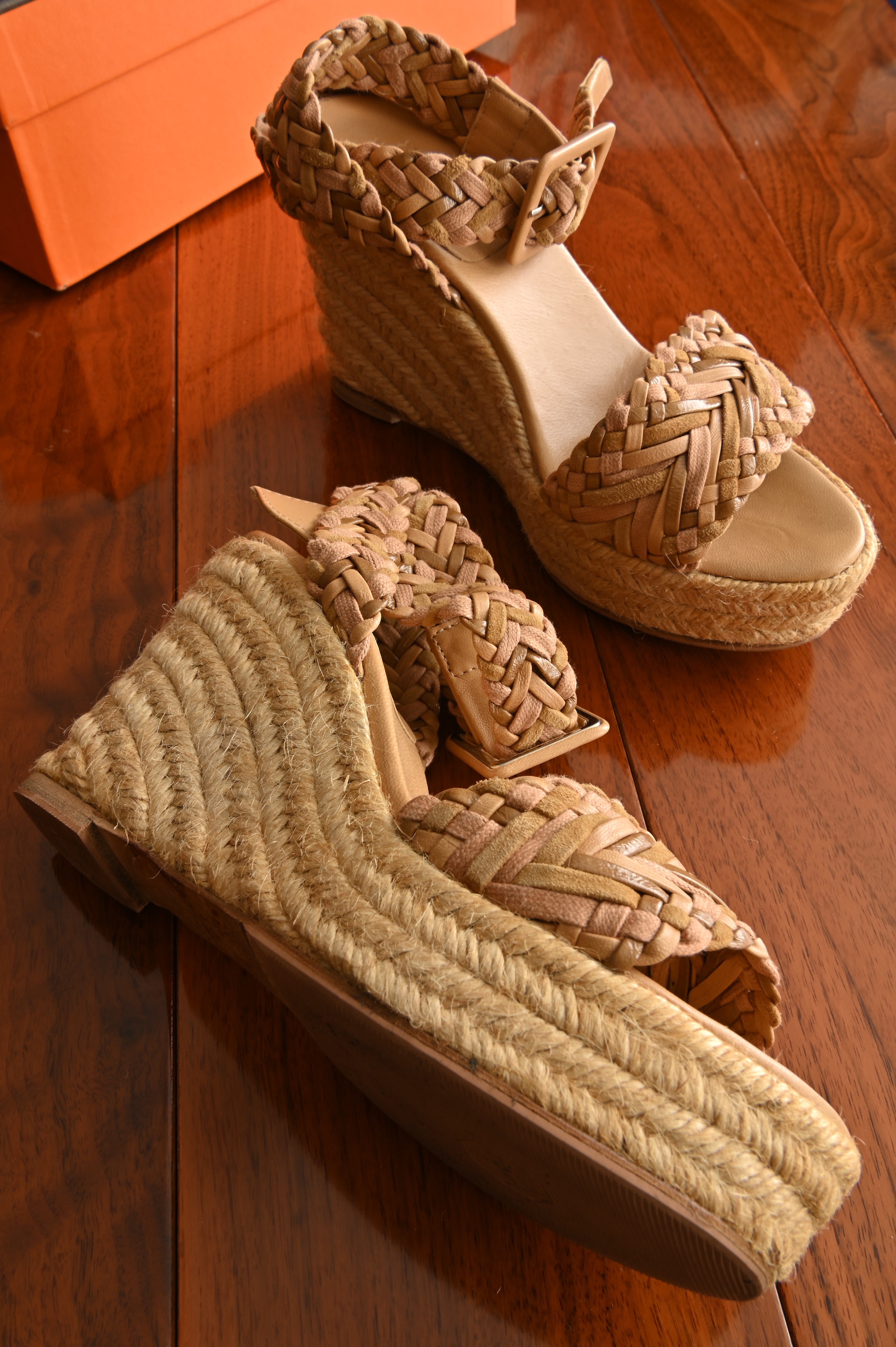 Hermès Beige Leather Espadrille Wedge Sandals