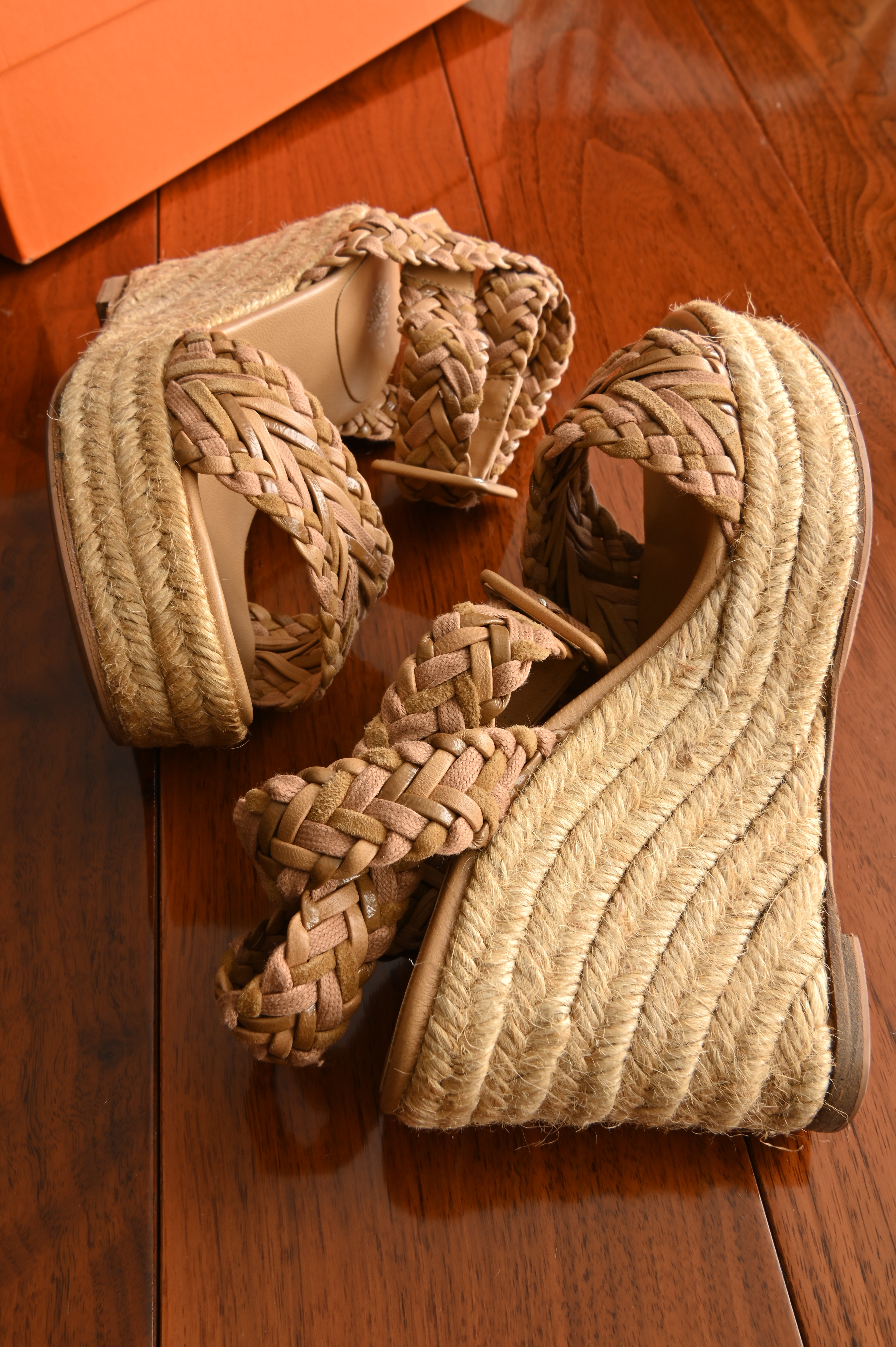 Hermès Beige Leather Espadrille Wedge Sandals