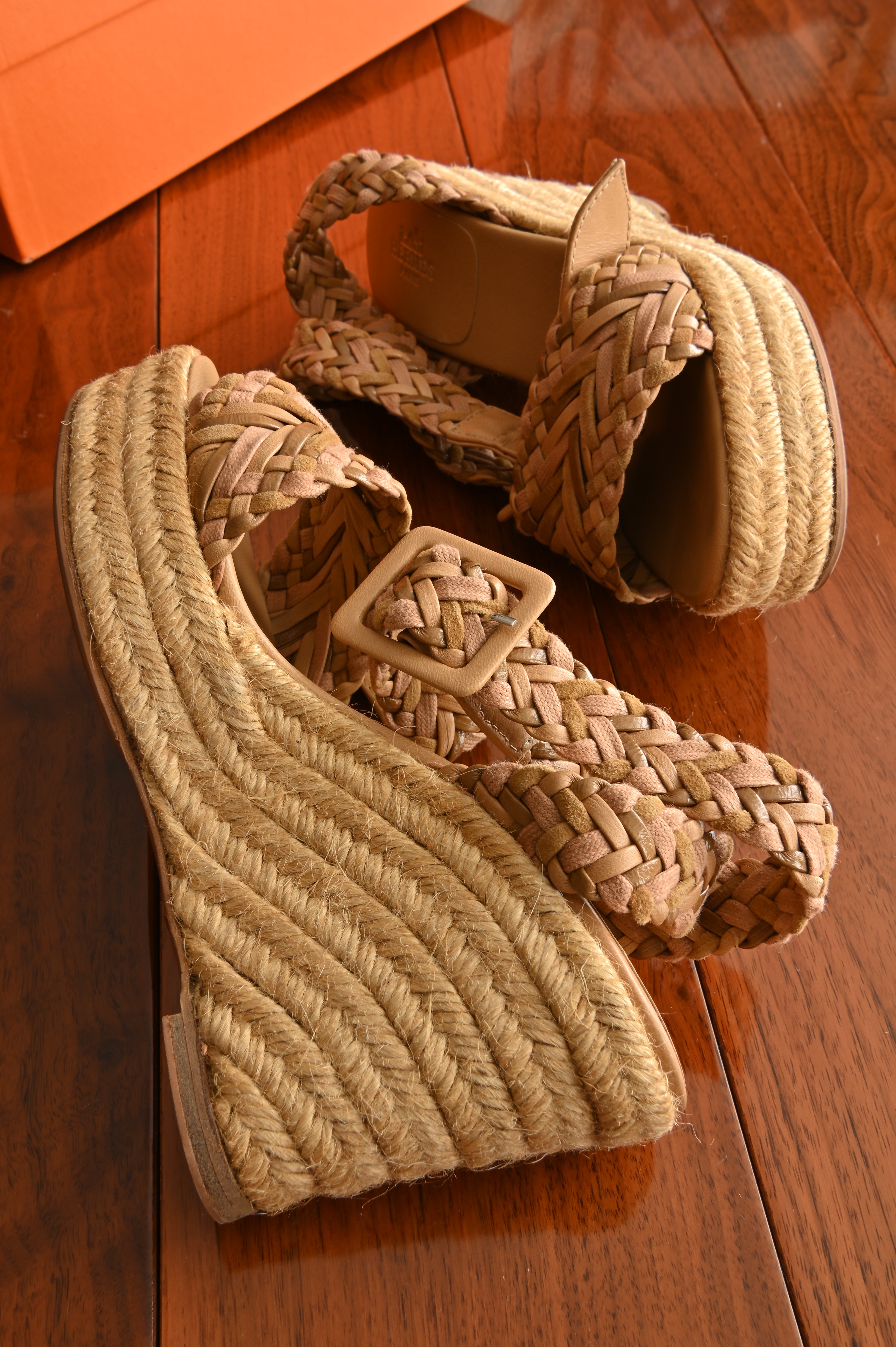 Hermès Beige Leather Espadrille Wedge Sandals