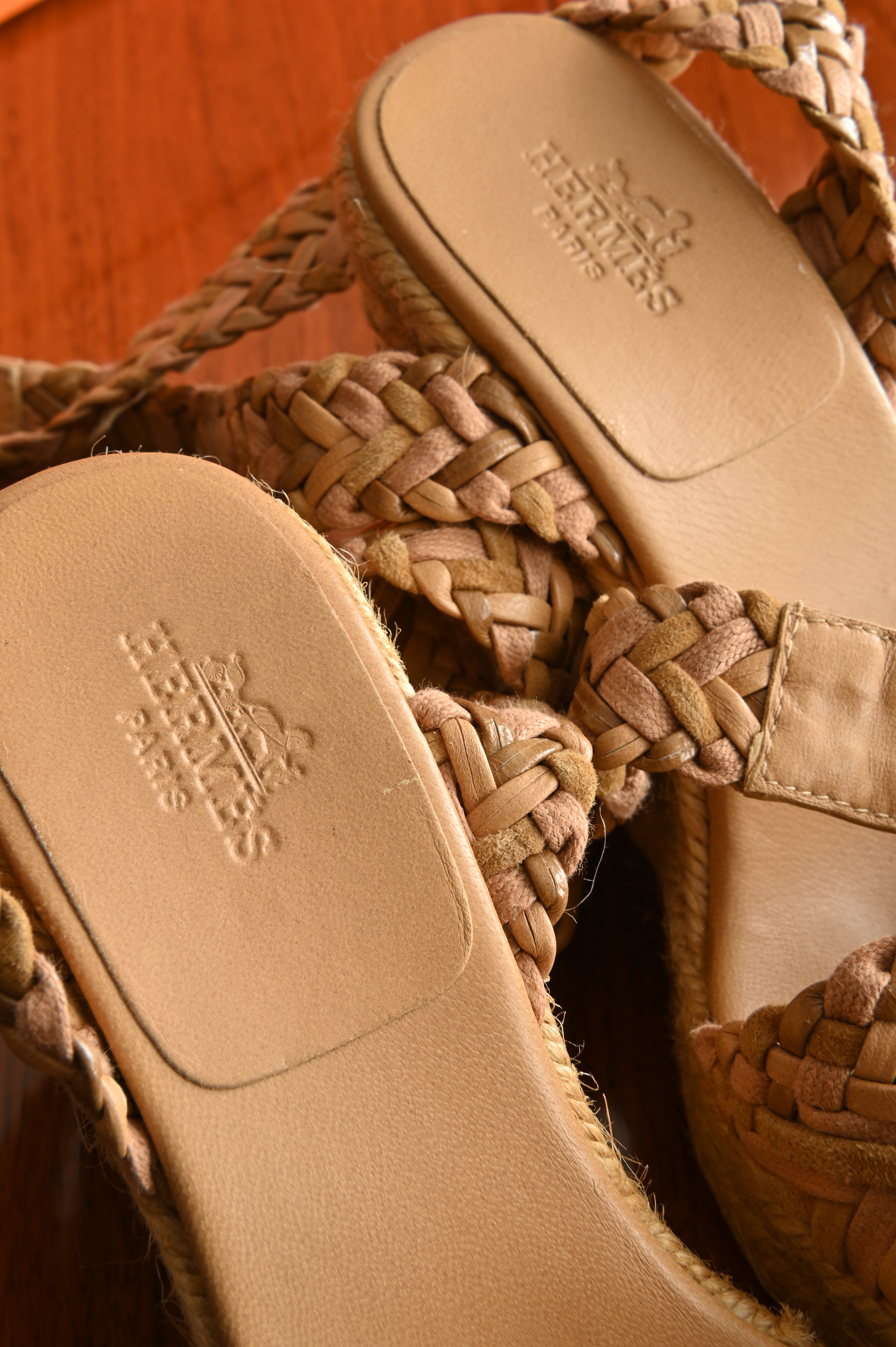 Hermès Beige Leather Espadrille Wedge Sandals