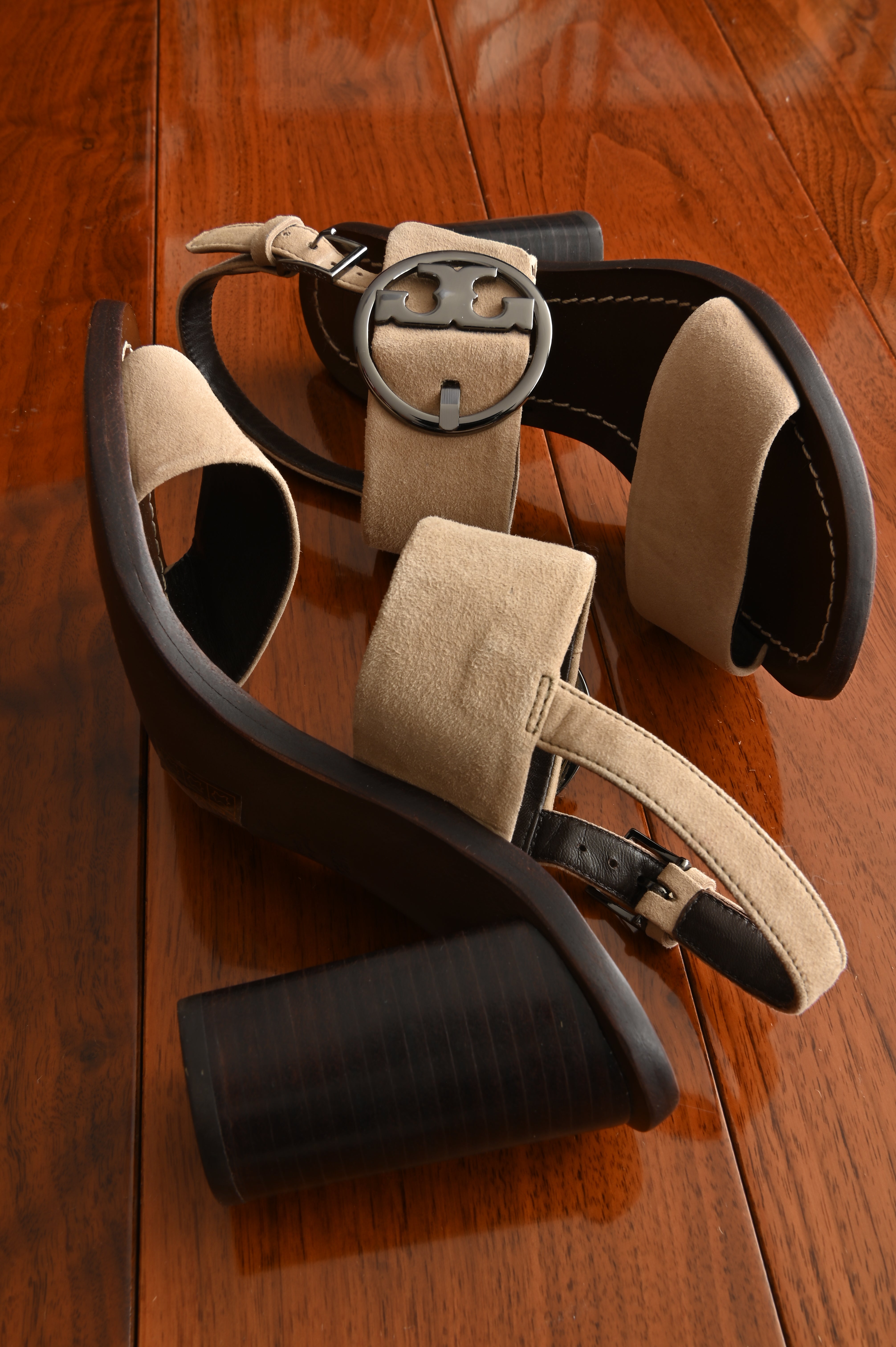 Tory Burch Tan Brown Suede Turnlock Heeled Sandals