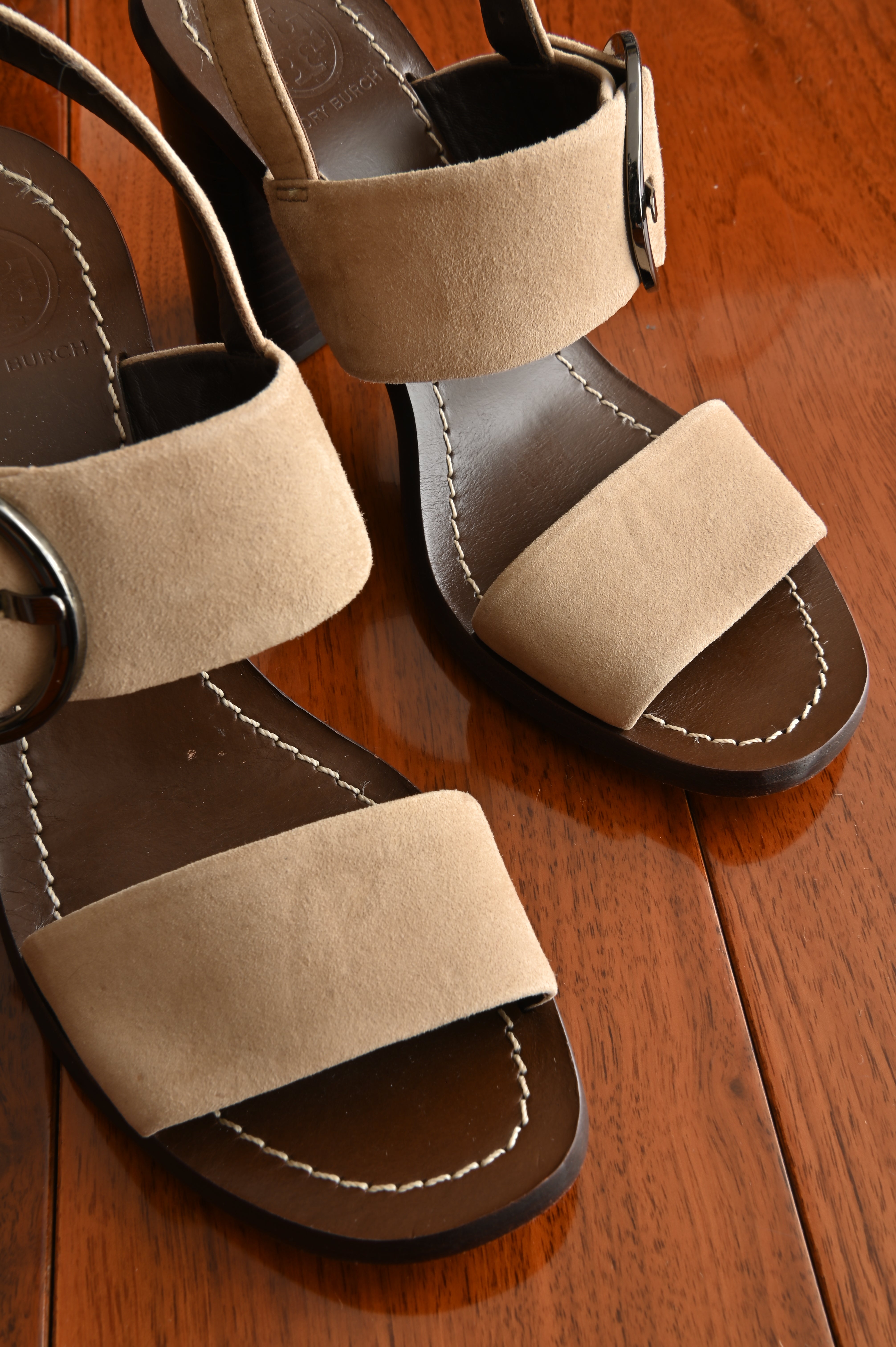 Tory Burch Tan Brown Suede Turnlock Heeled Sandals