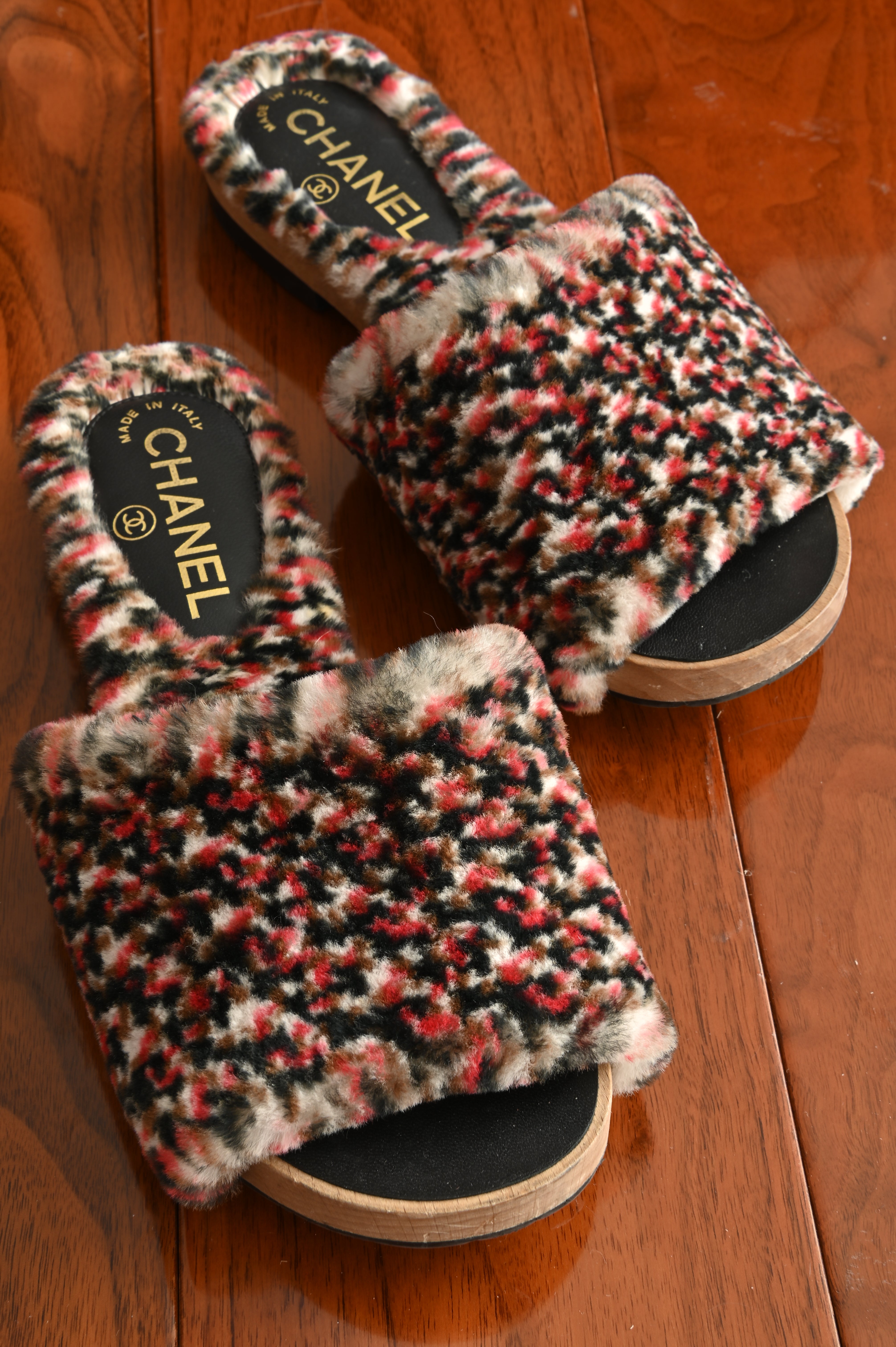 Chanel Orylag Fur and Lambskin Tweed print Mules