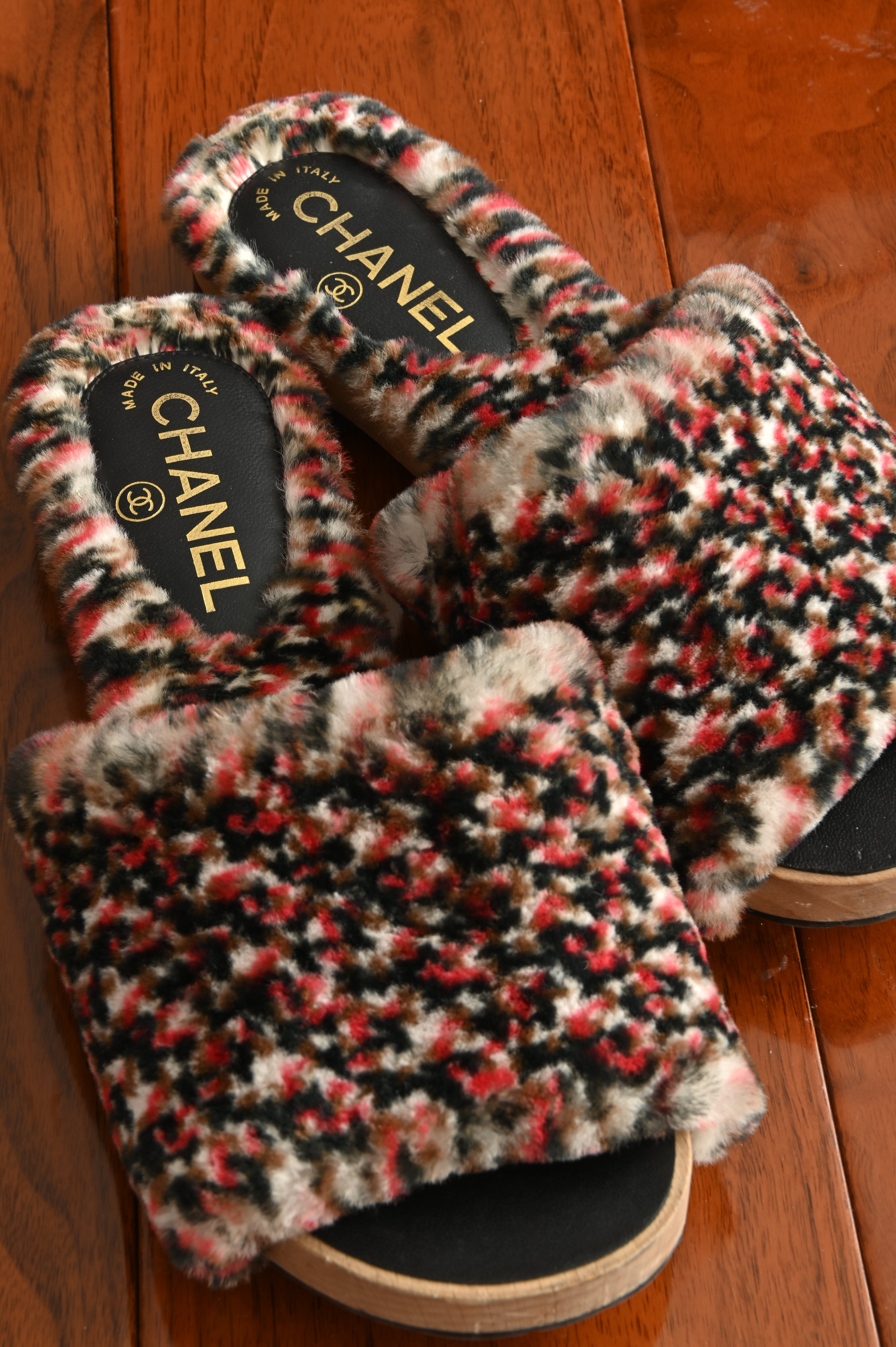 Chanel Orylag Fur and Lambskin Tweed print Mules