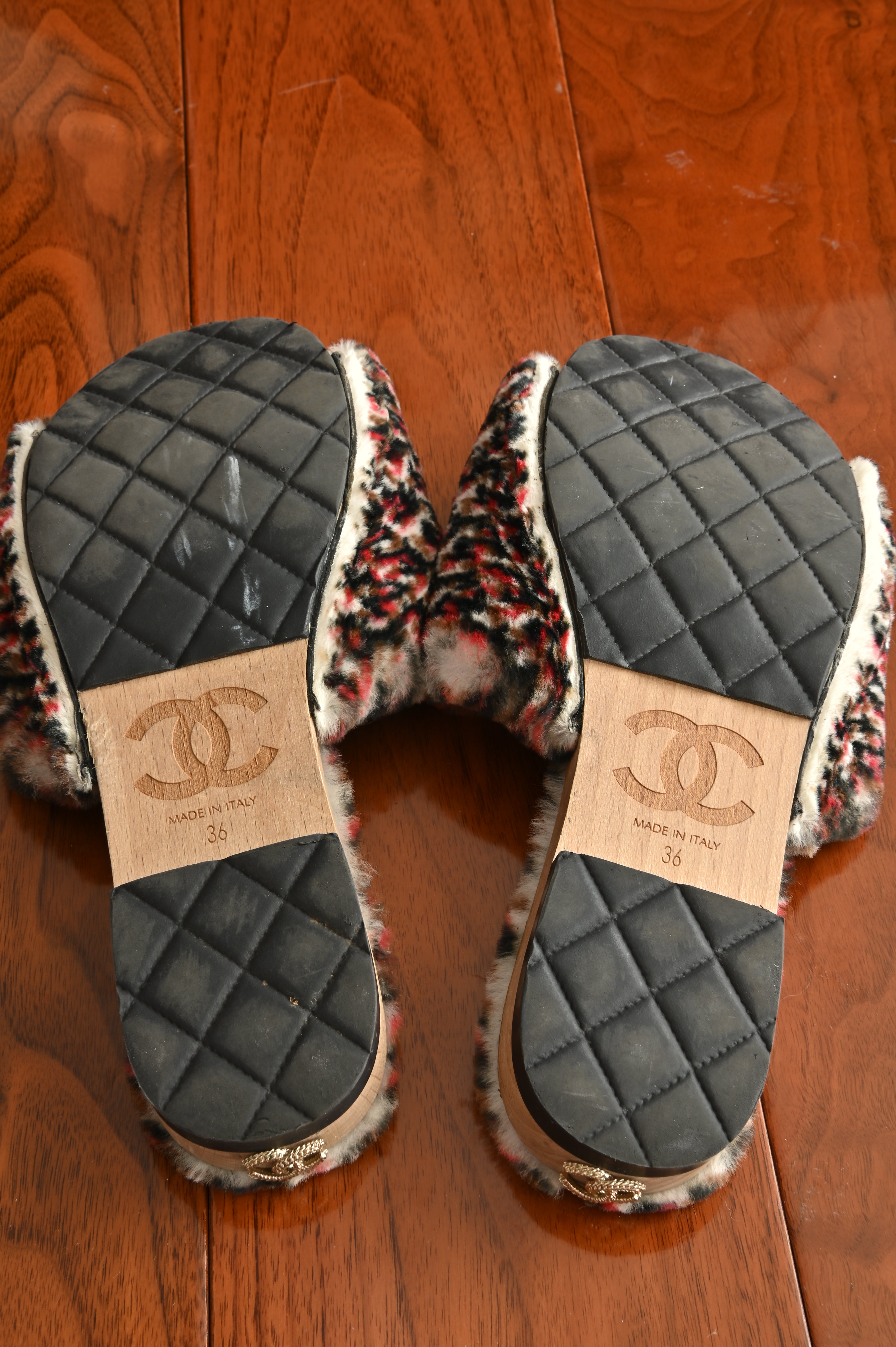 Chanel Orylag Fur and Lambskin Tweed print Mules