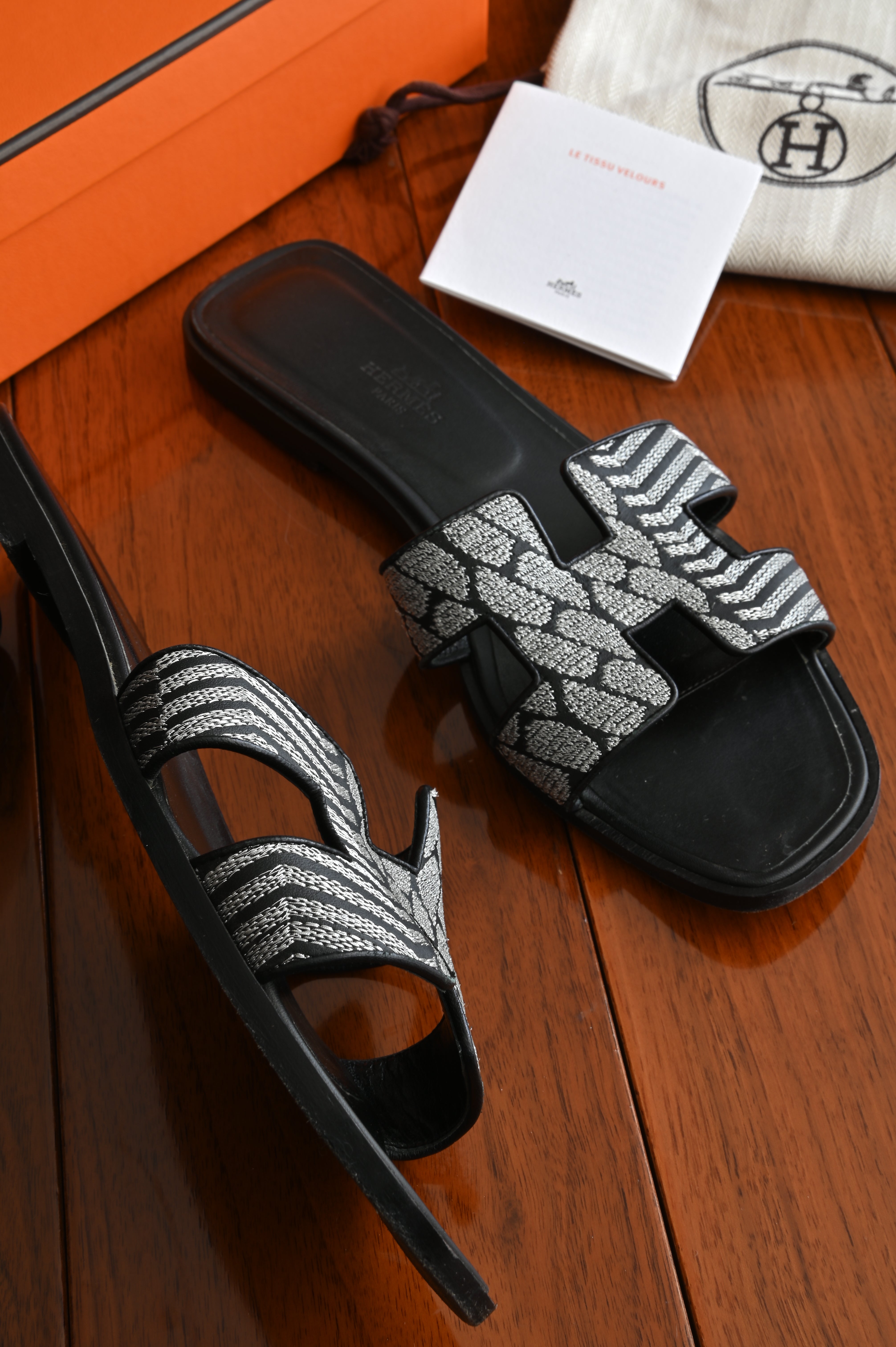 Hermès Oran in Black and Silver Embroidered Calf Sandals