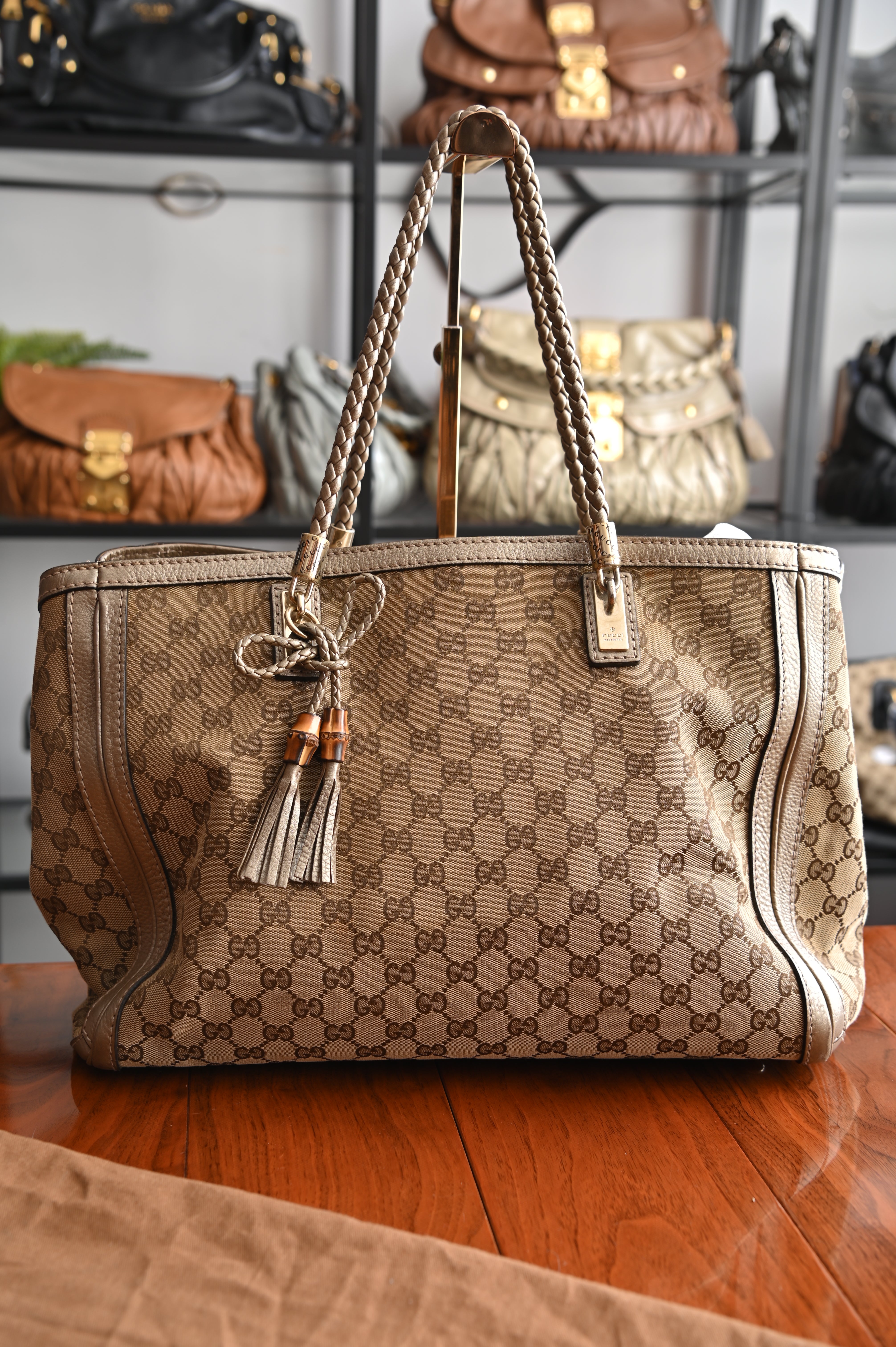 Gucci Champagne gold GG Canvas Bella large Tote Bag