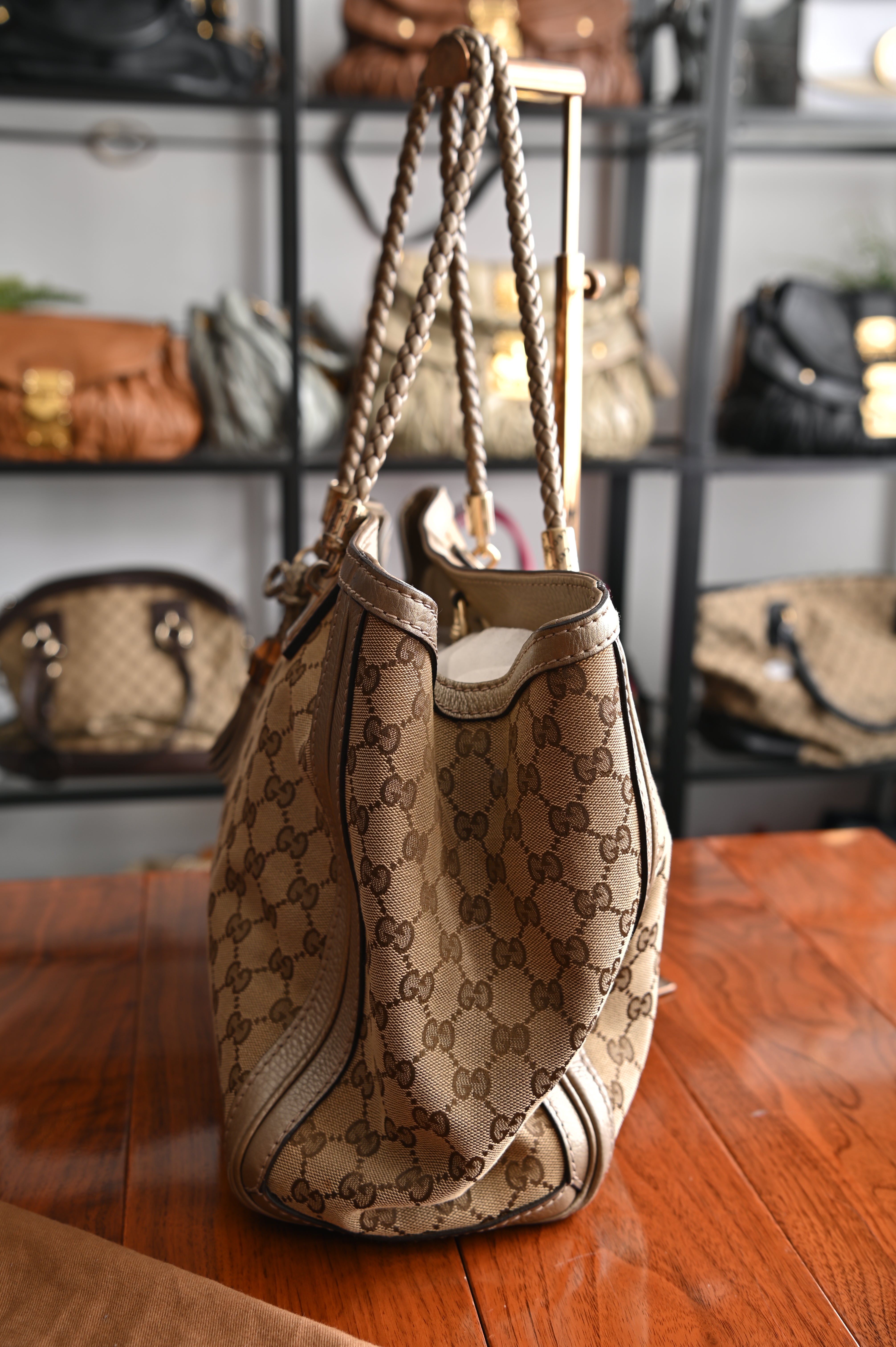 Gucci Champagne gold GG Canvas Bella large Tote Bag