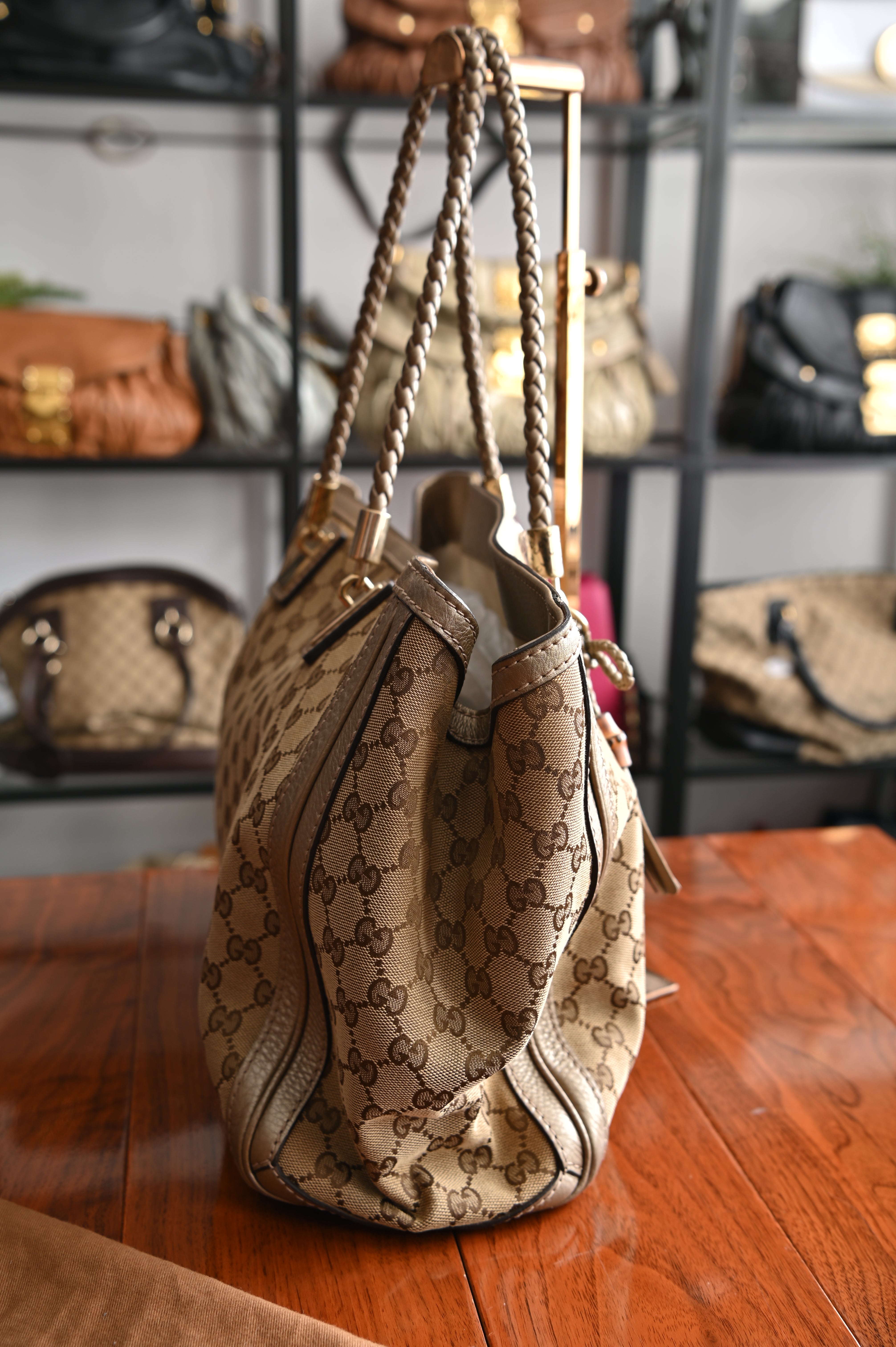 Gucci Champagne gold GG Canvas Bella large Tote Bag