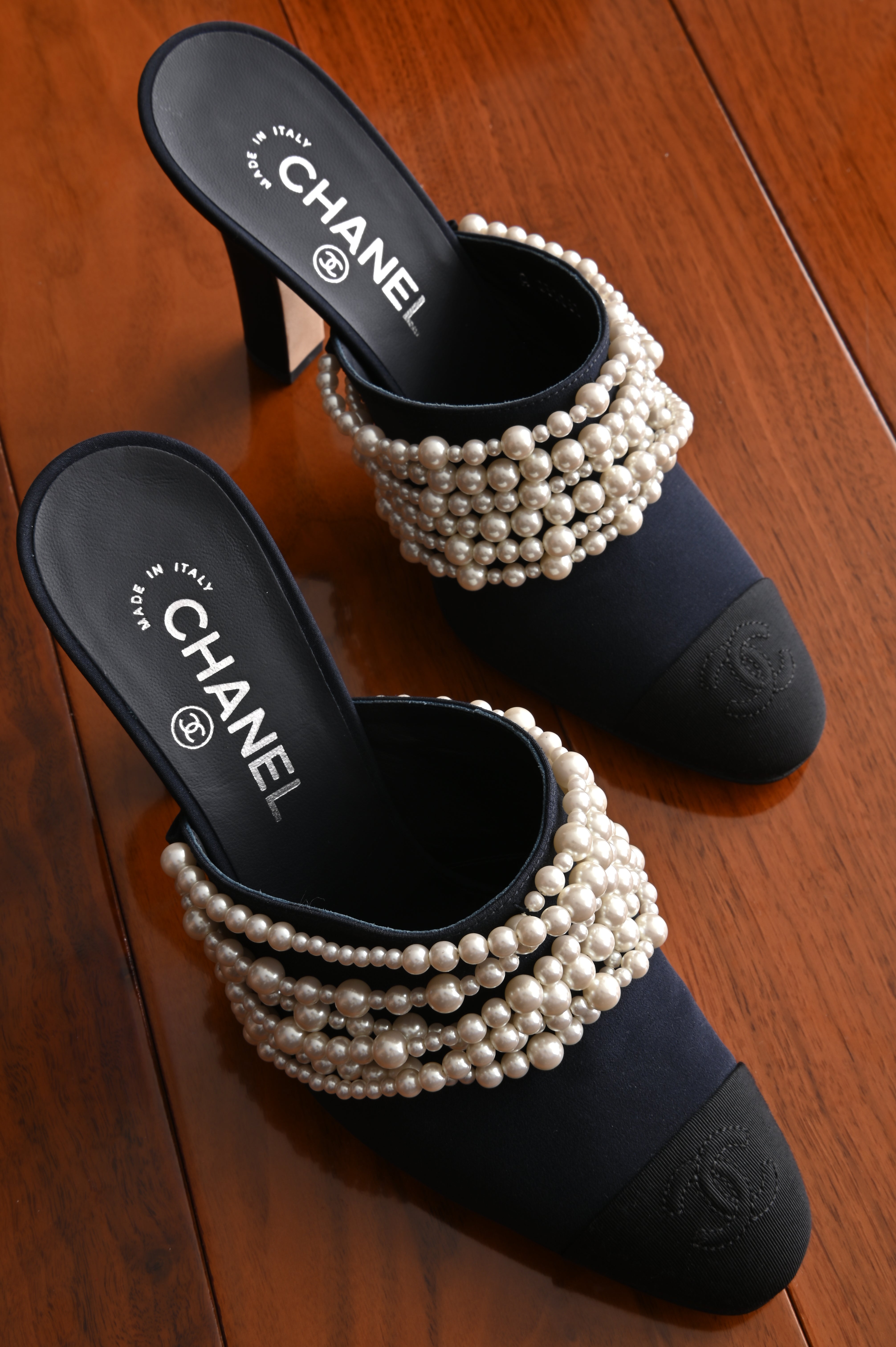 Chanel Black Canvas Pearl Embellished Mules