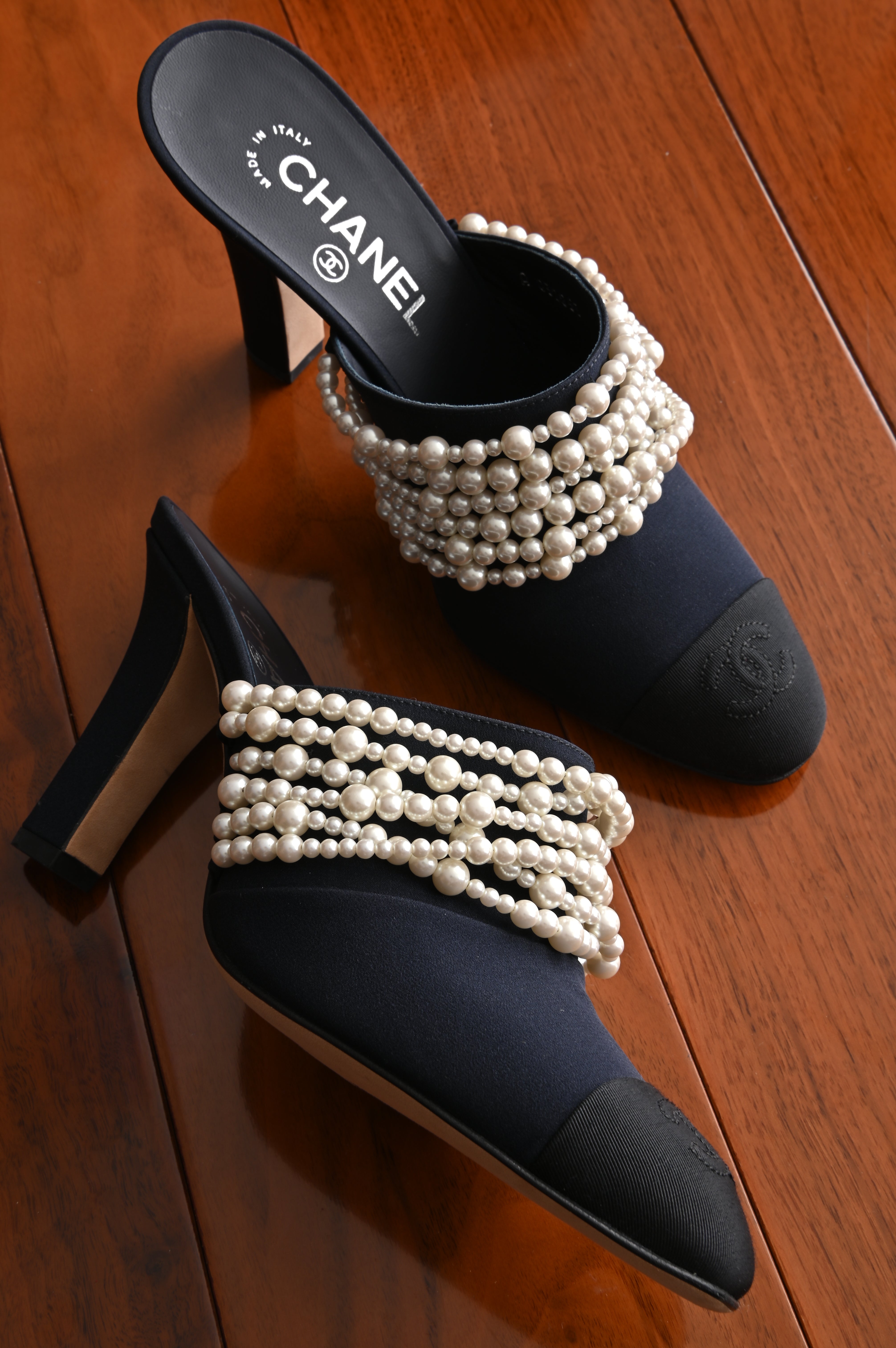 Chanel Black Canvas Pearl Embellished Mules