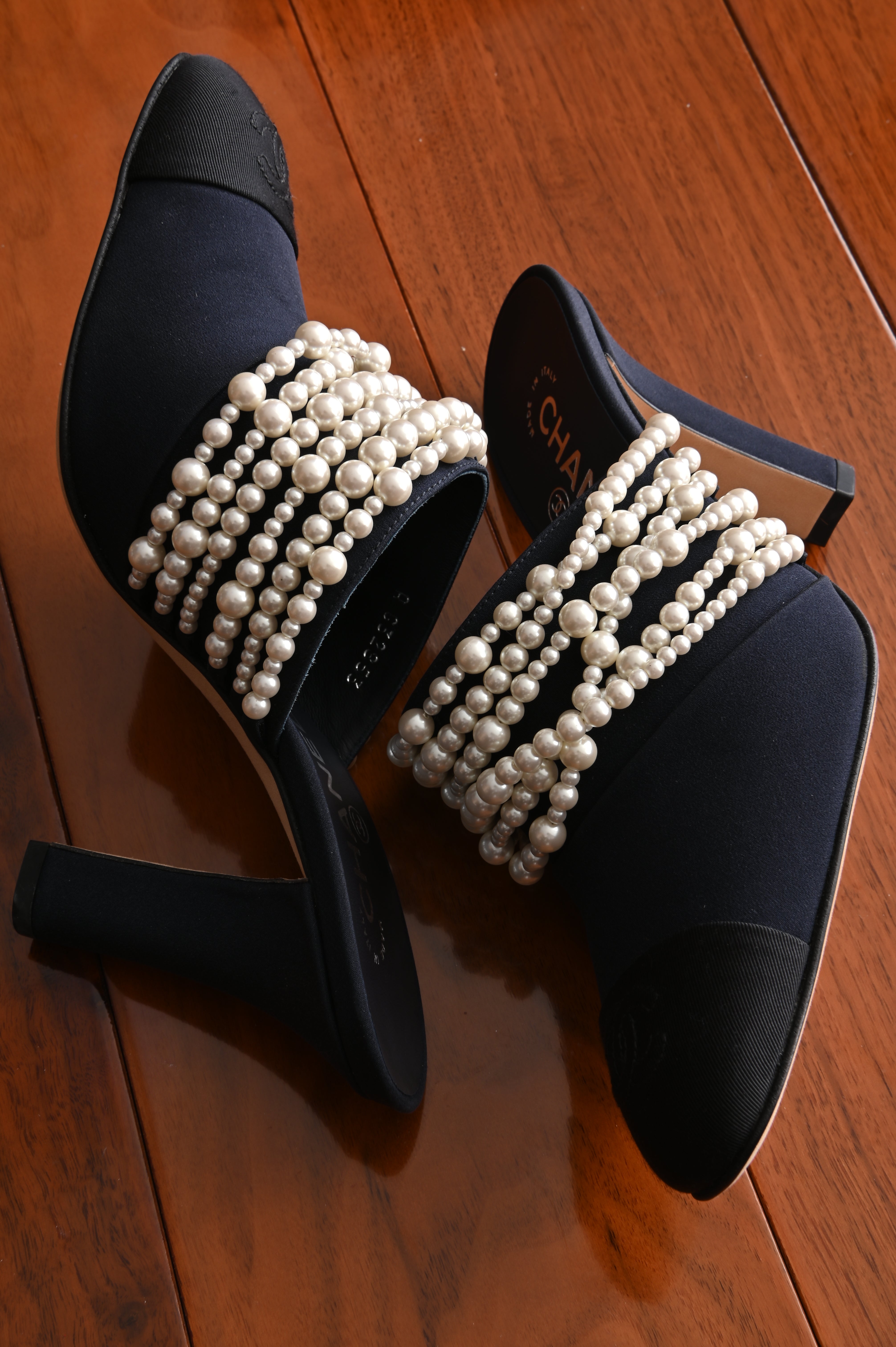 Chanel Black Canvas Pearl Embellished Mules