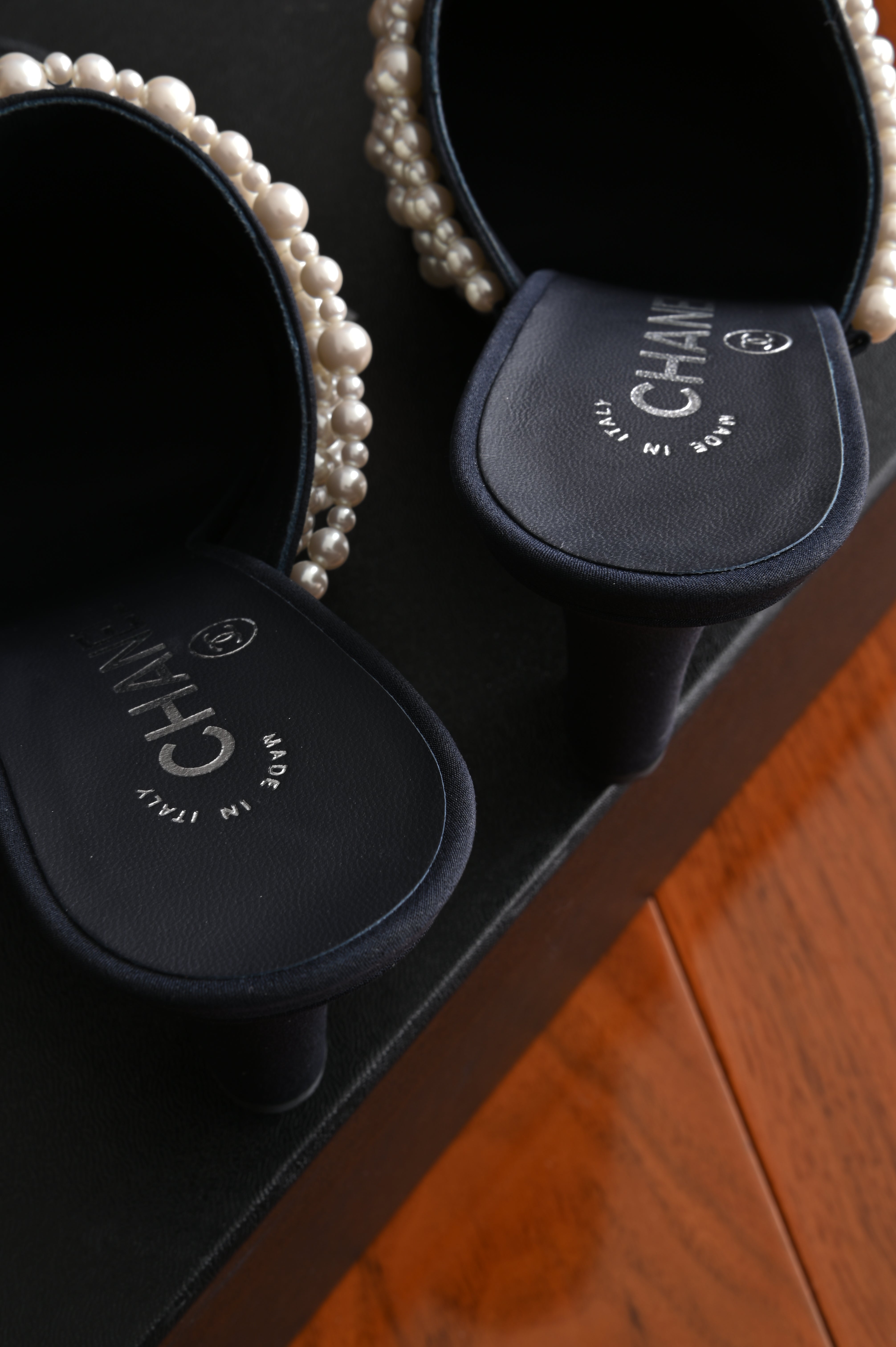 Chanel Black Canvas Pearl Embellished Mules