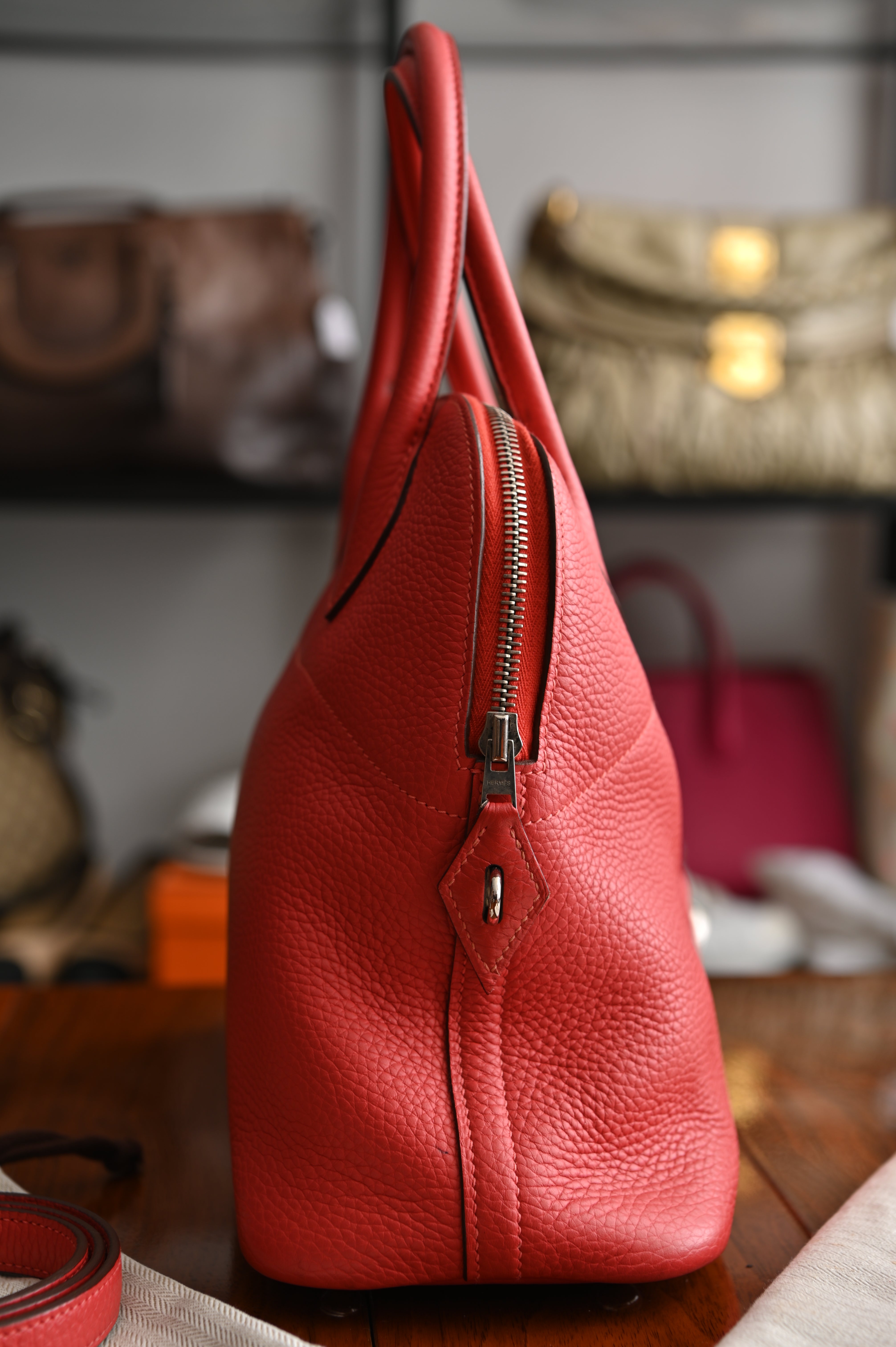 HERMÈS Bolide 31 handbag in Rouge Pivoine Clemence leather with Palladium hardware