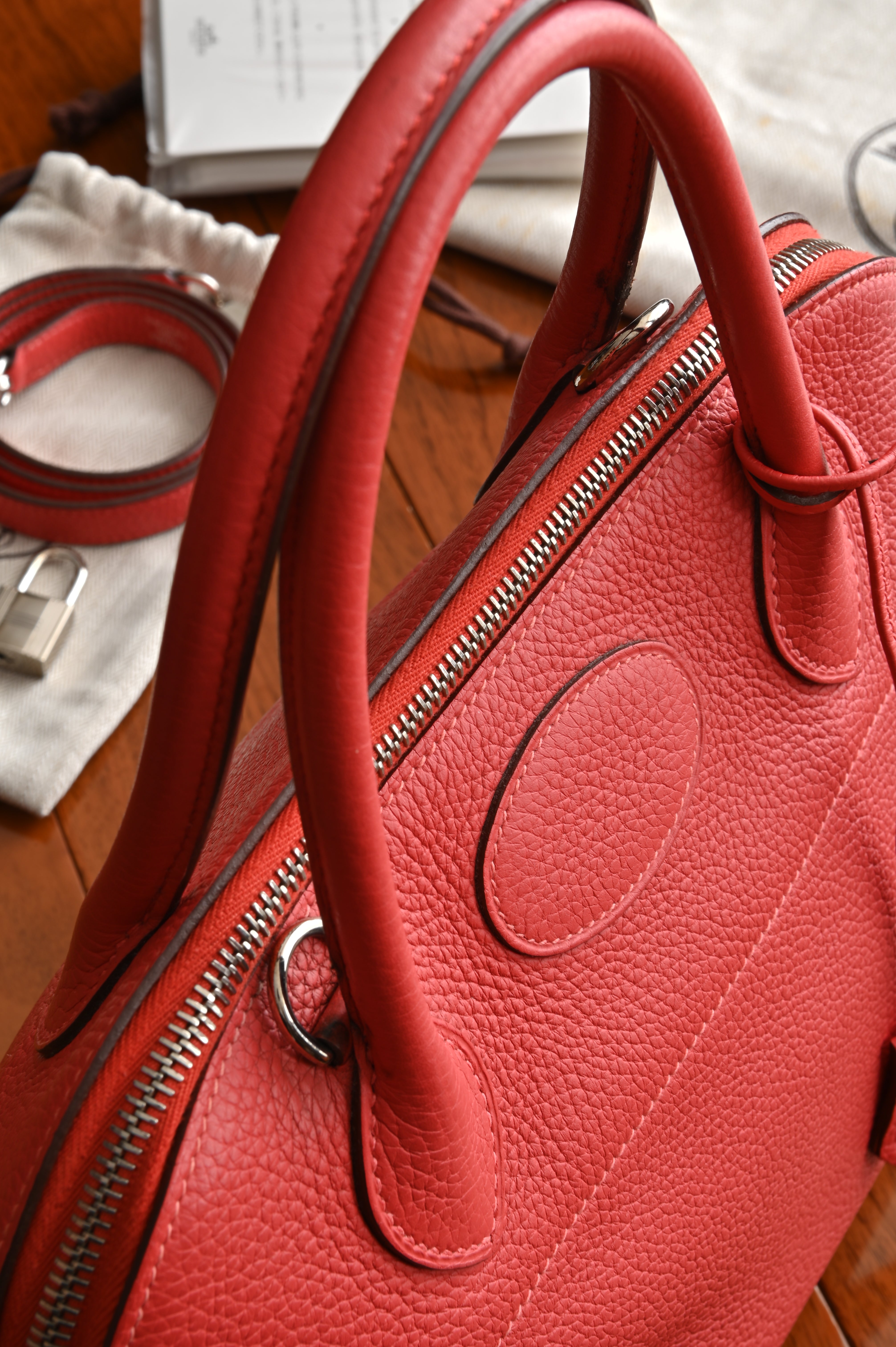 HERMÈS Bolide 31 handbag in Rouge Pivoine Clemence leather with Palladium hardware