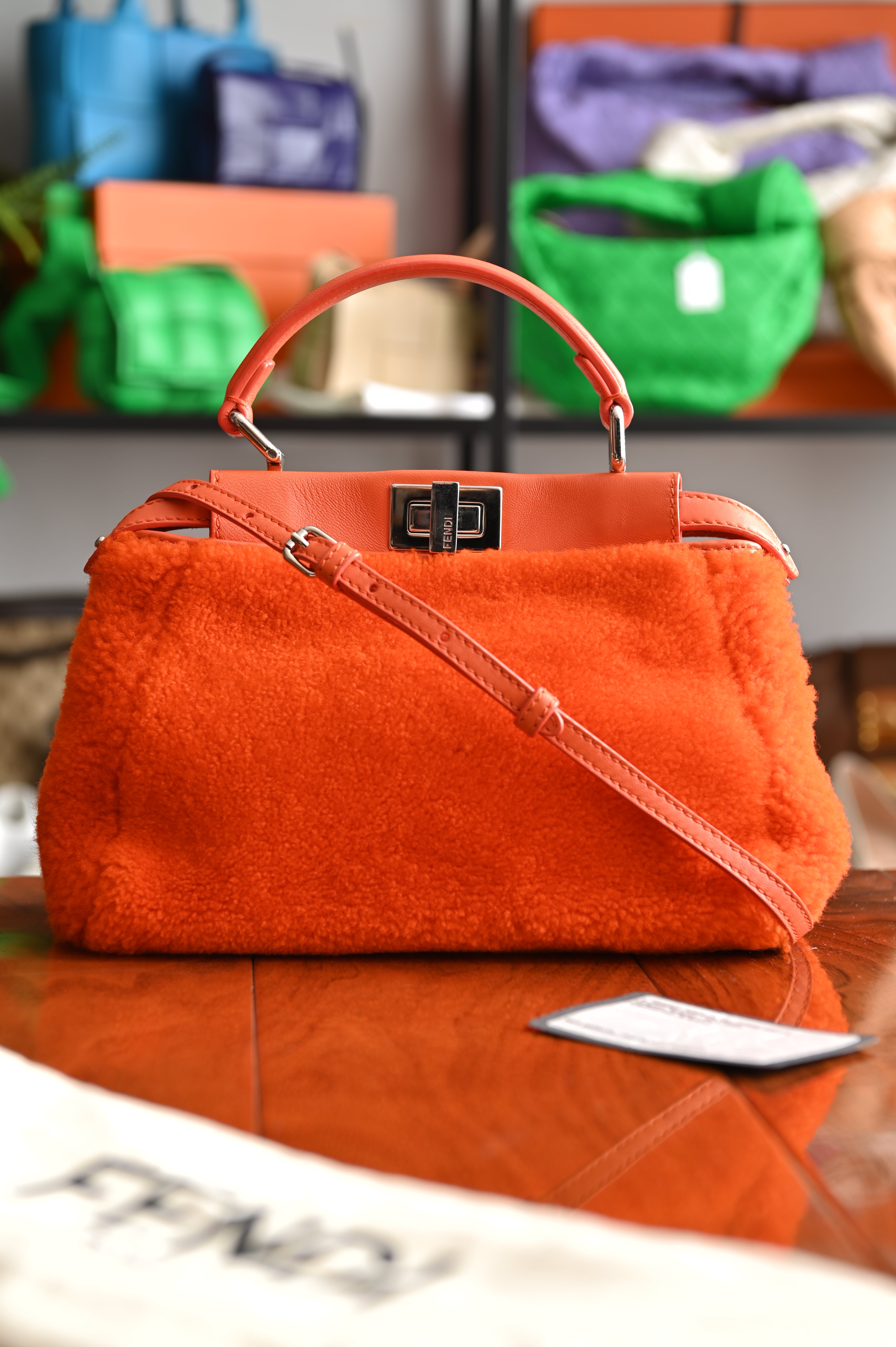 Fendi Mini Peekaboo orange shearling fur bag