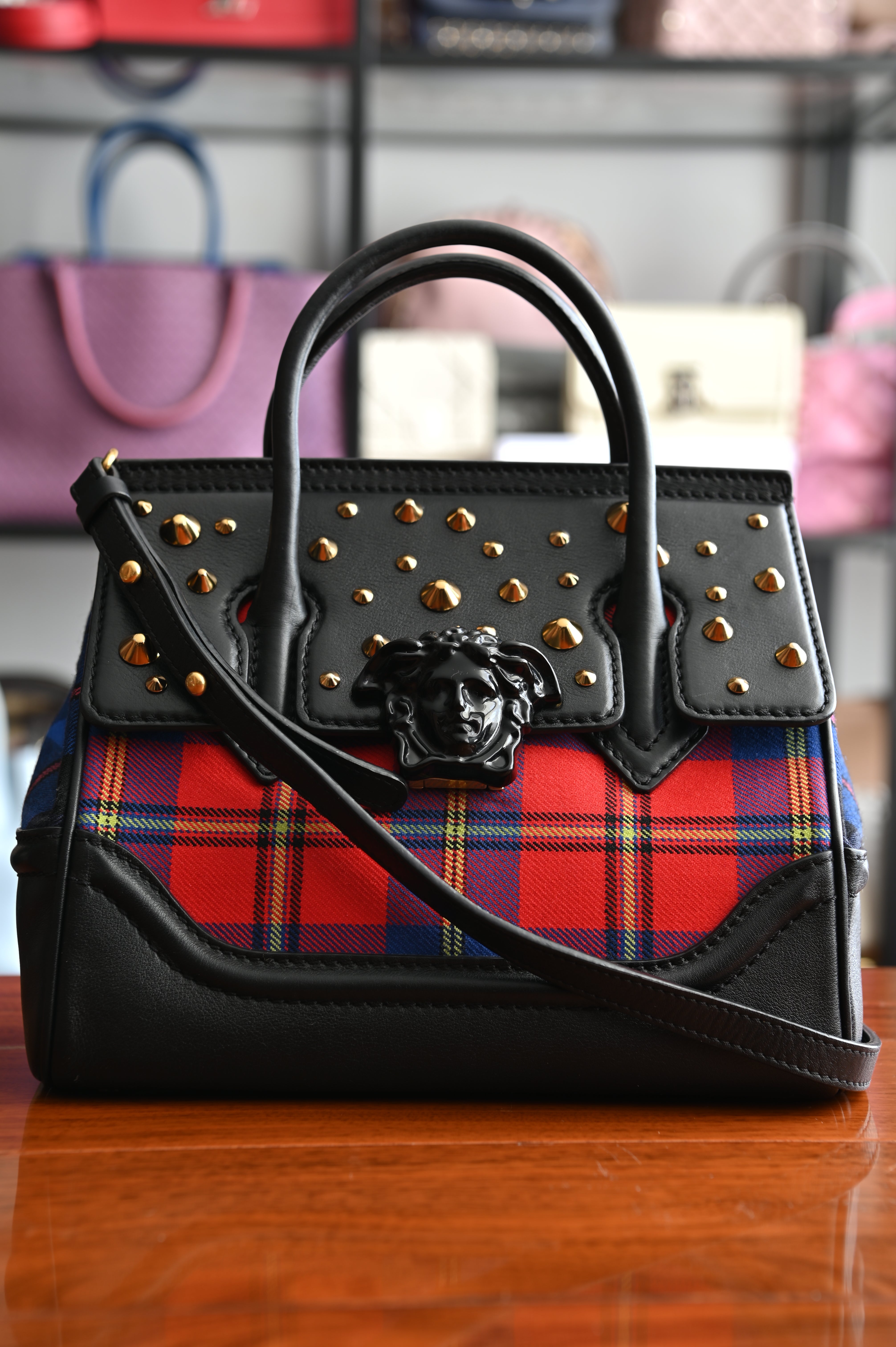 Versace Tartan Studded Palazzo Empire bag in black