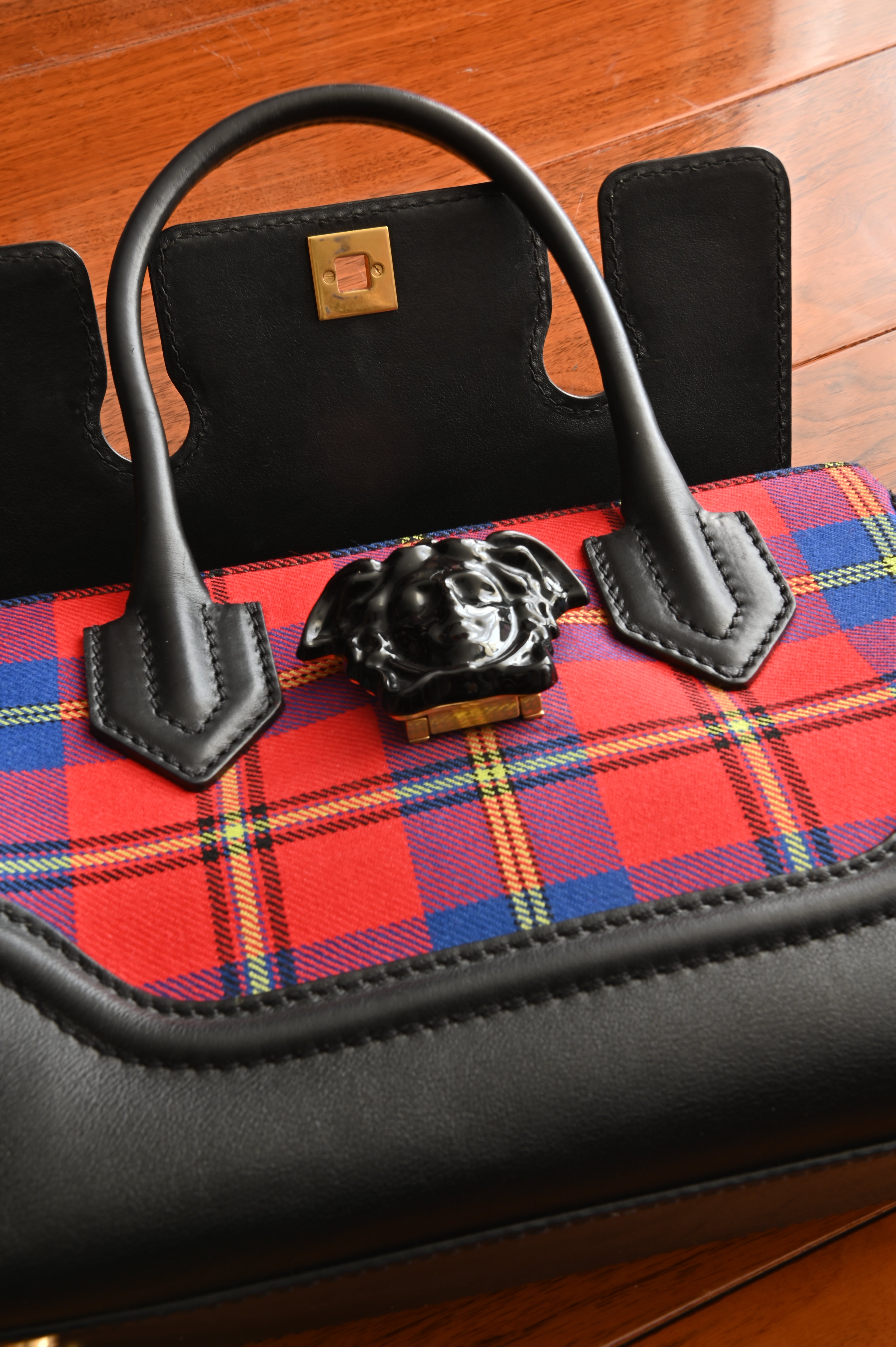 Versace Tartan Studded Palazzo Empire bag in black