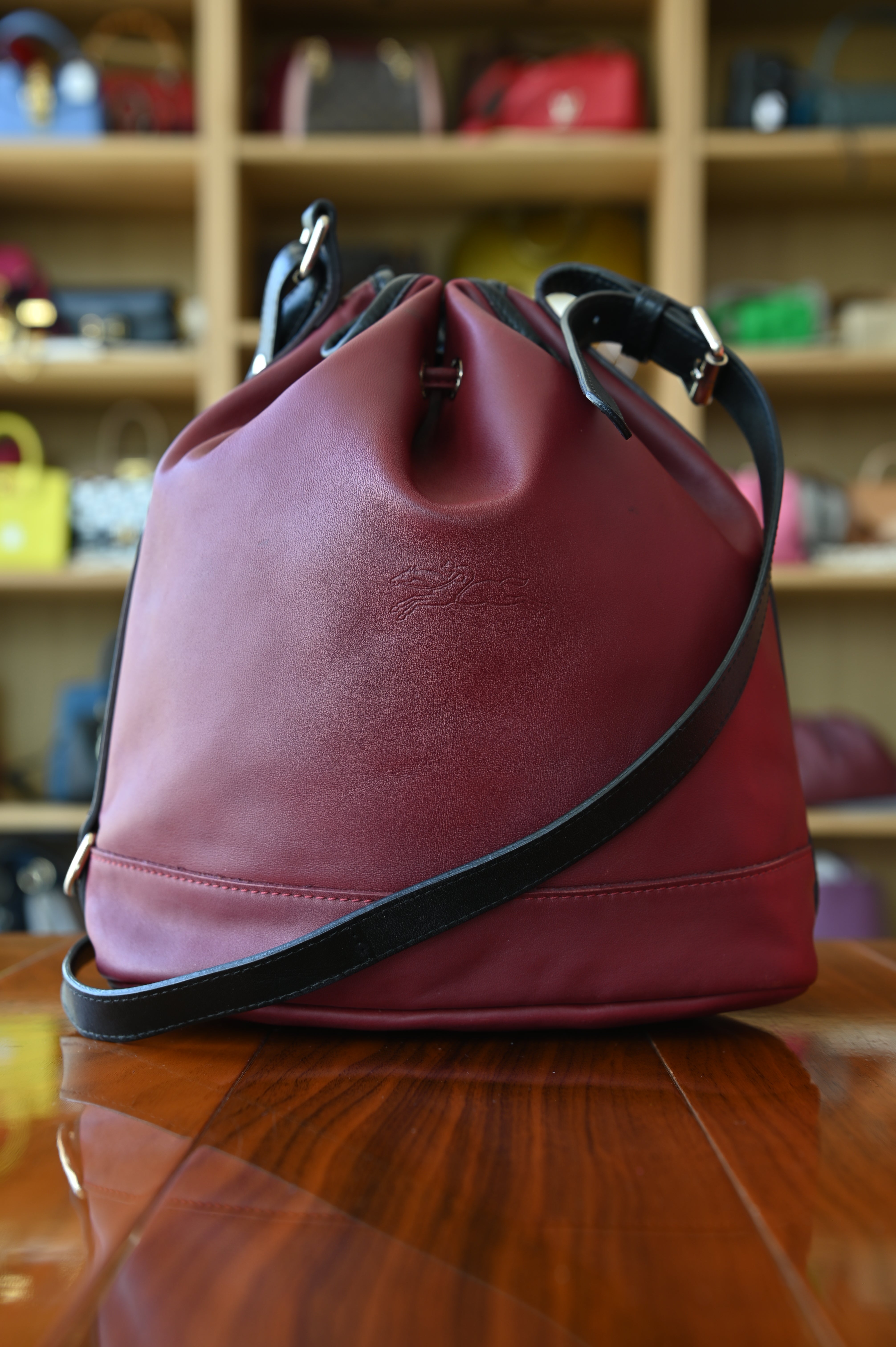 Longchamp Burgundy Drawstring Medium Bucket Bag