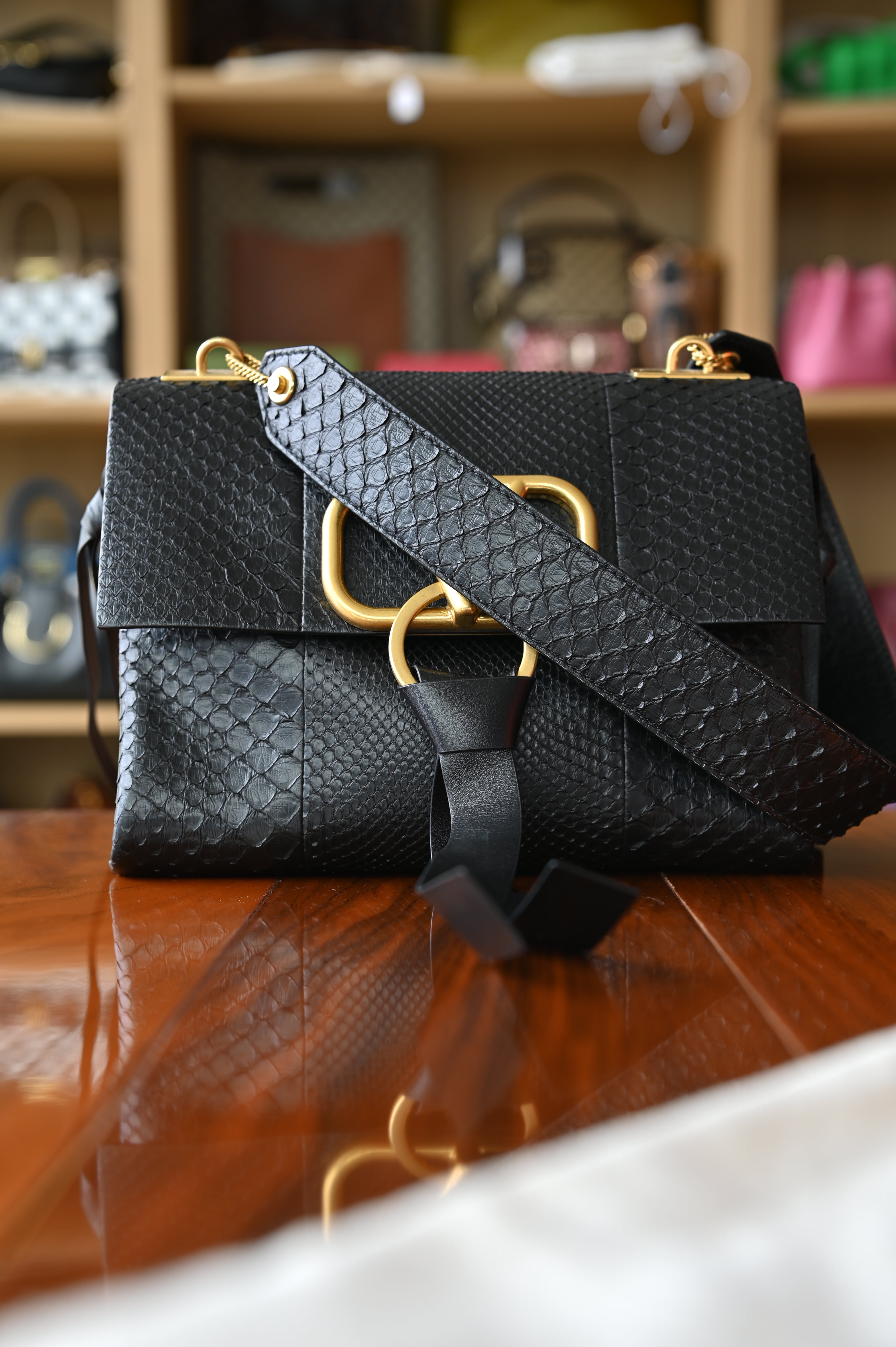 Valentino Garavani Black Python VLogo Top Handle Bag
