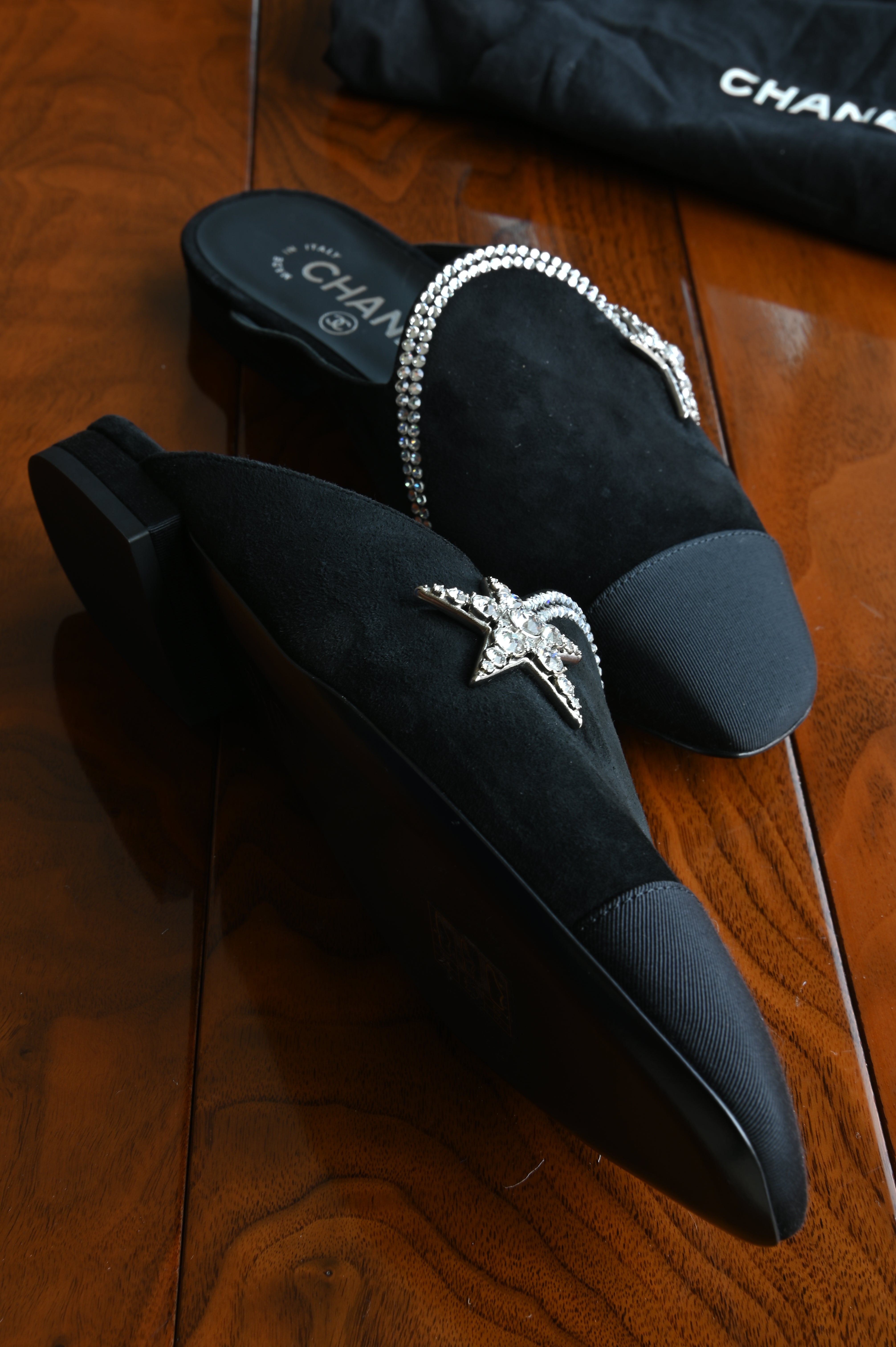 Chanel Suede Crystal Embellished Mules