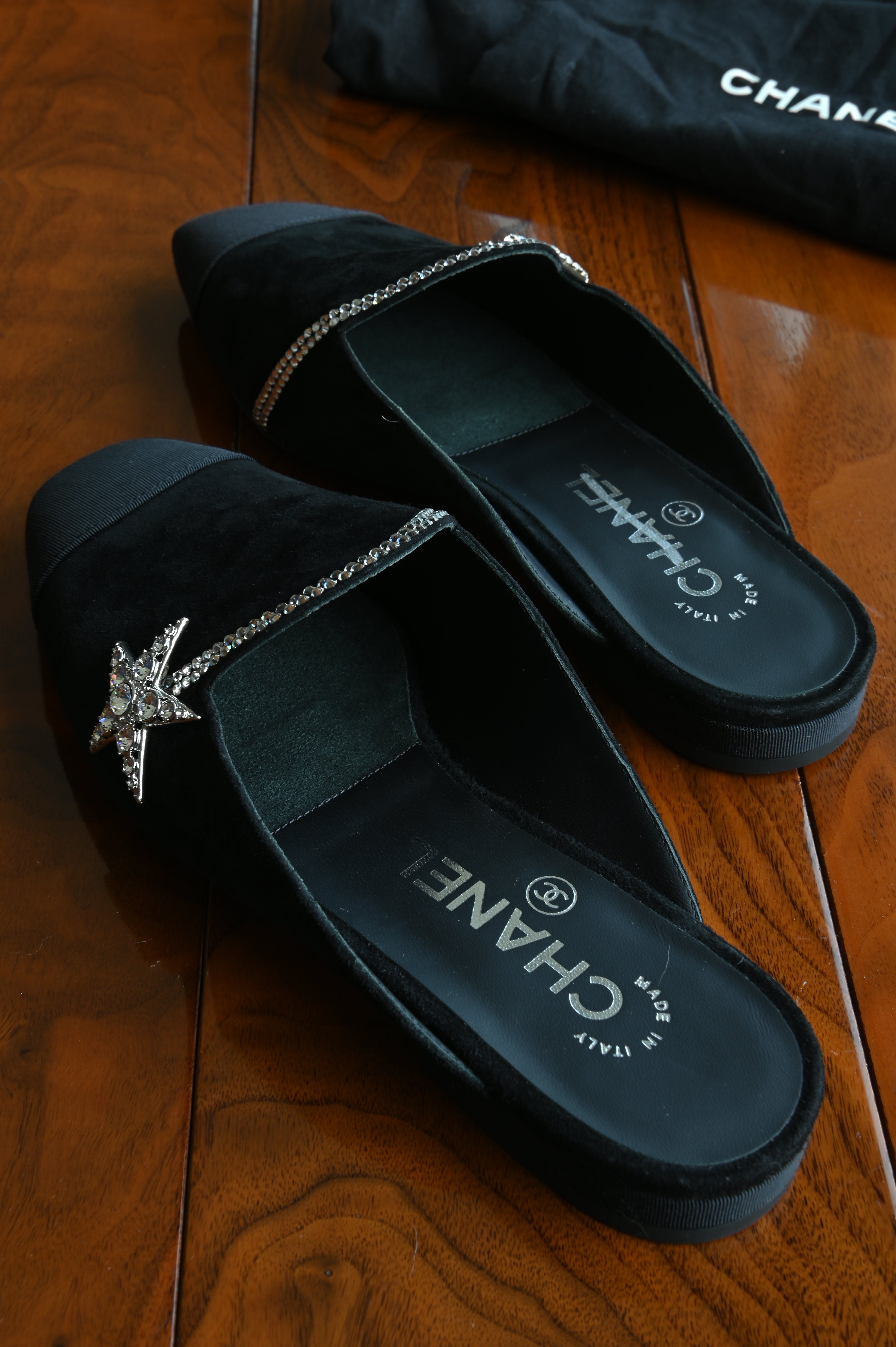 Chanel Suede Crystal Embellished Mules